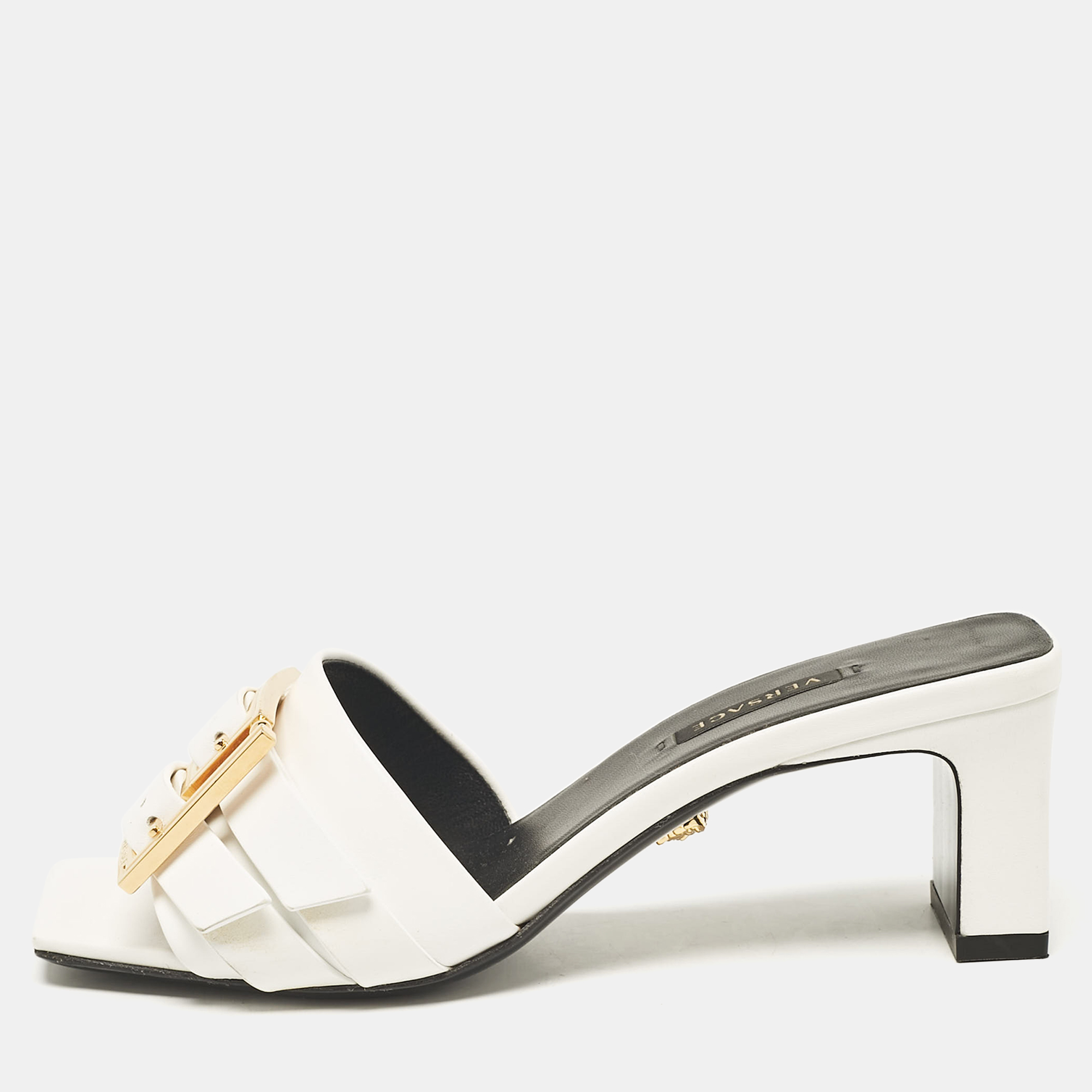 

Versace White Leather Buckle Slide Sandals Size