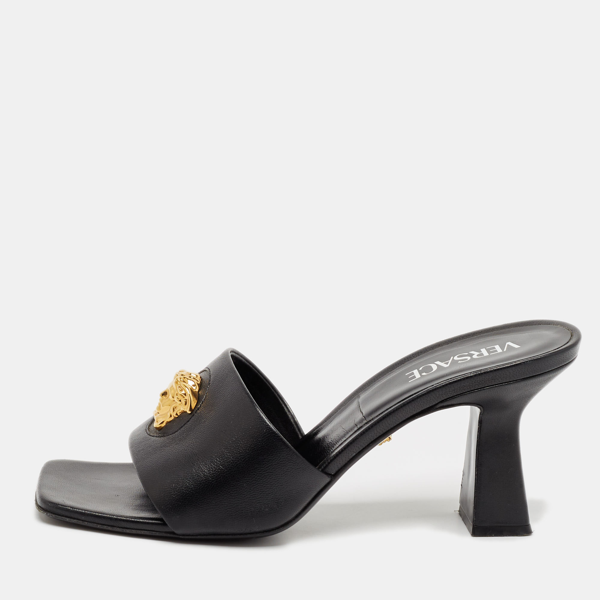 

Versace Black Leather La Medusa Slide Sandals Size