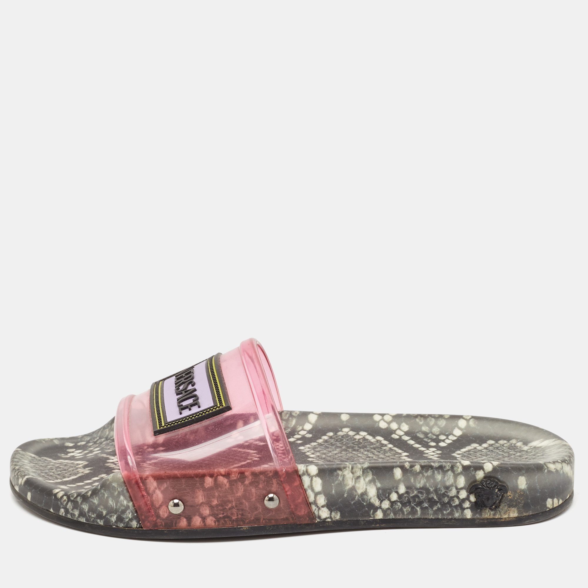 

Versace Pink PVC Logo Flat Slides Size