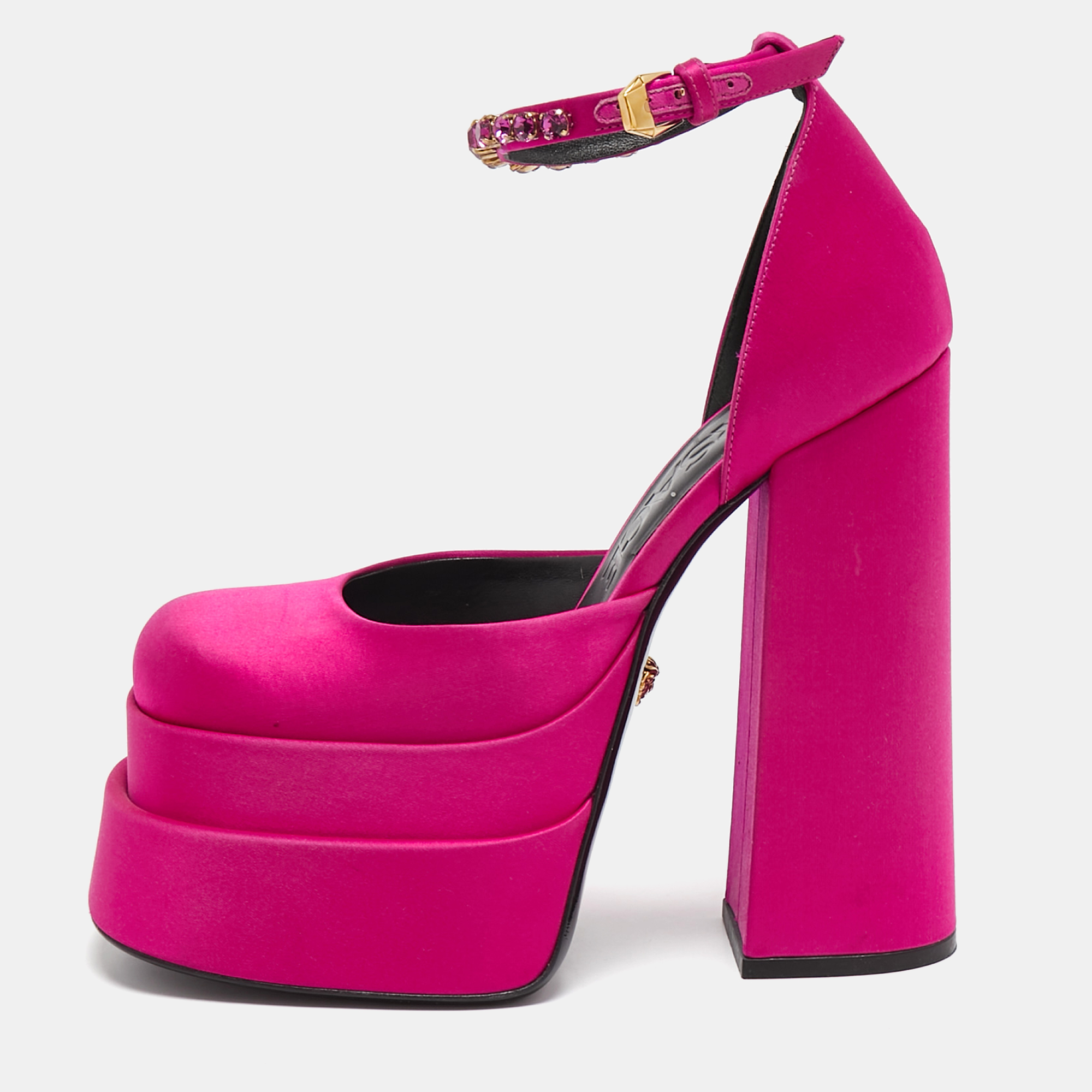 

Versace Pink Satin Medusa Aevitas Double Platform Pumps Size