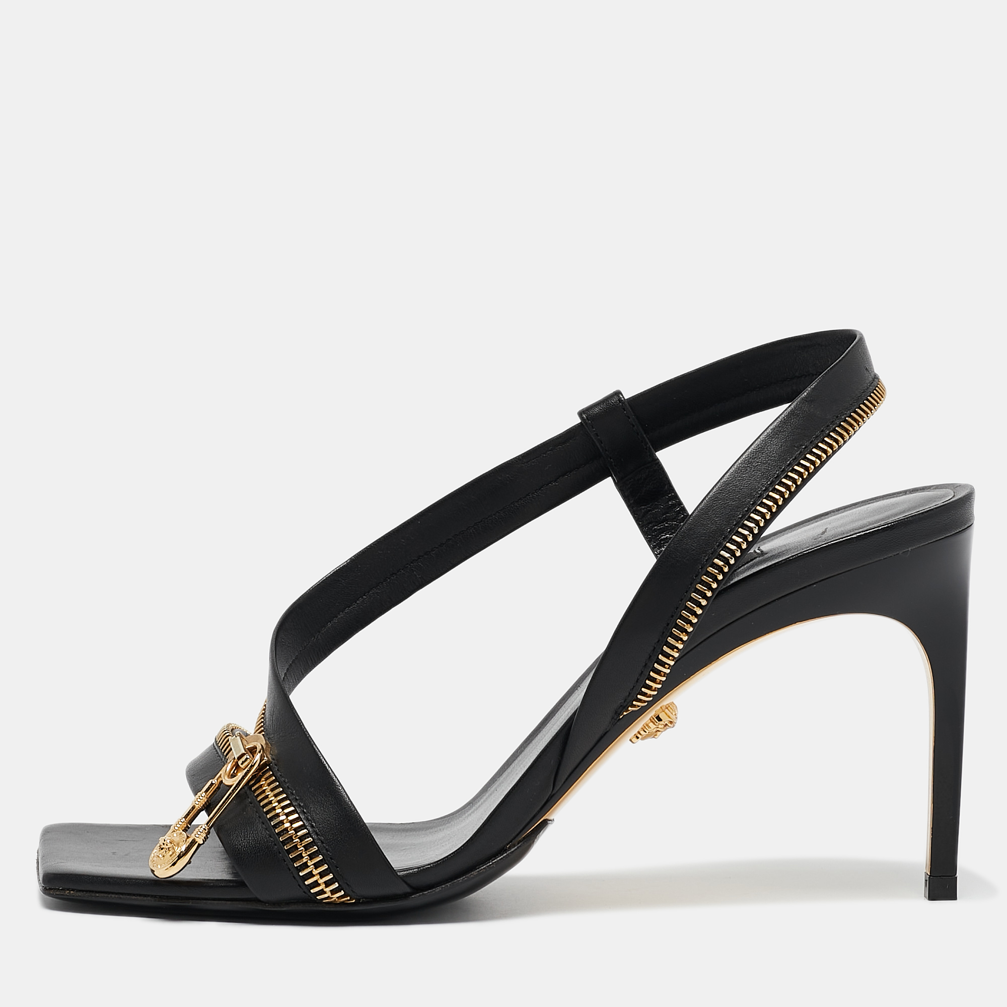 

Versace Black Leather Safety Pin Zip Ankle Strap Sandals Size