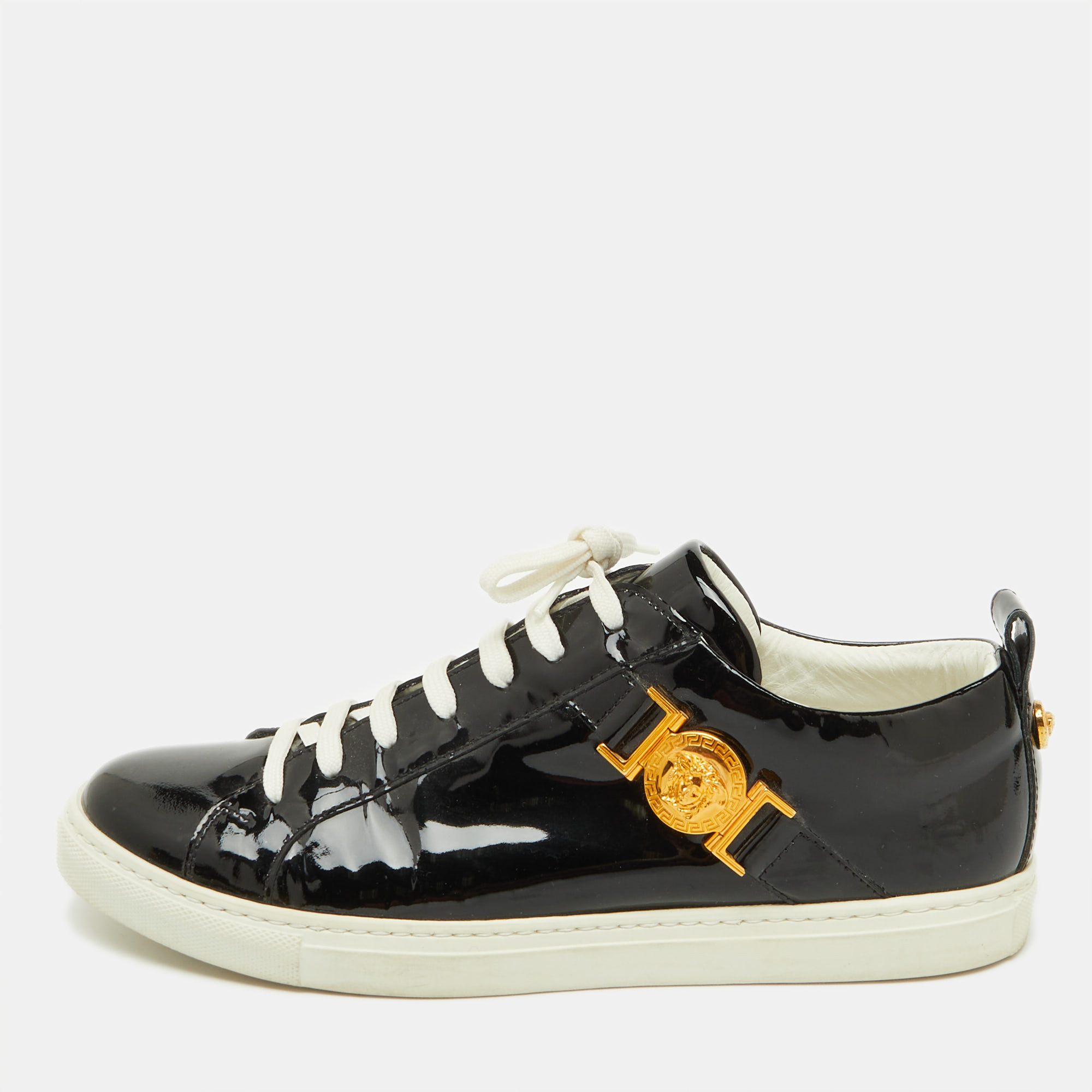 

Versace Black Patent Leather Medusa Embellished Low Top Sneakers Size