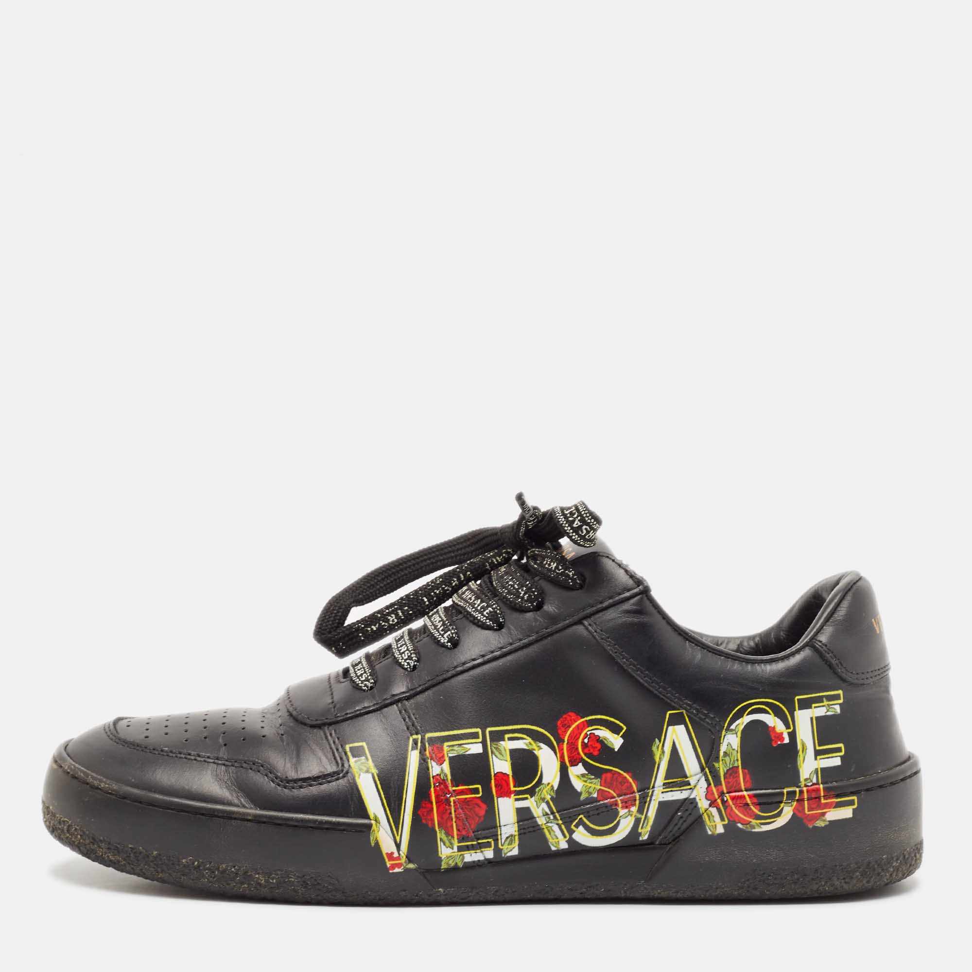 

Versace Black Leather Floral Logo Low Top Sneakers Size