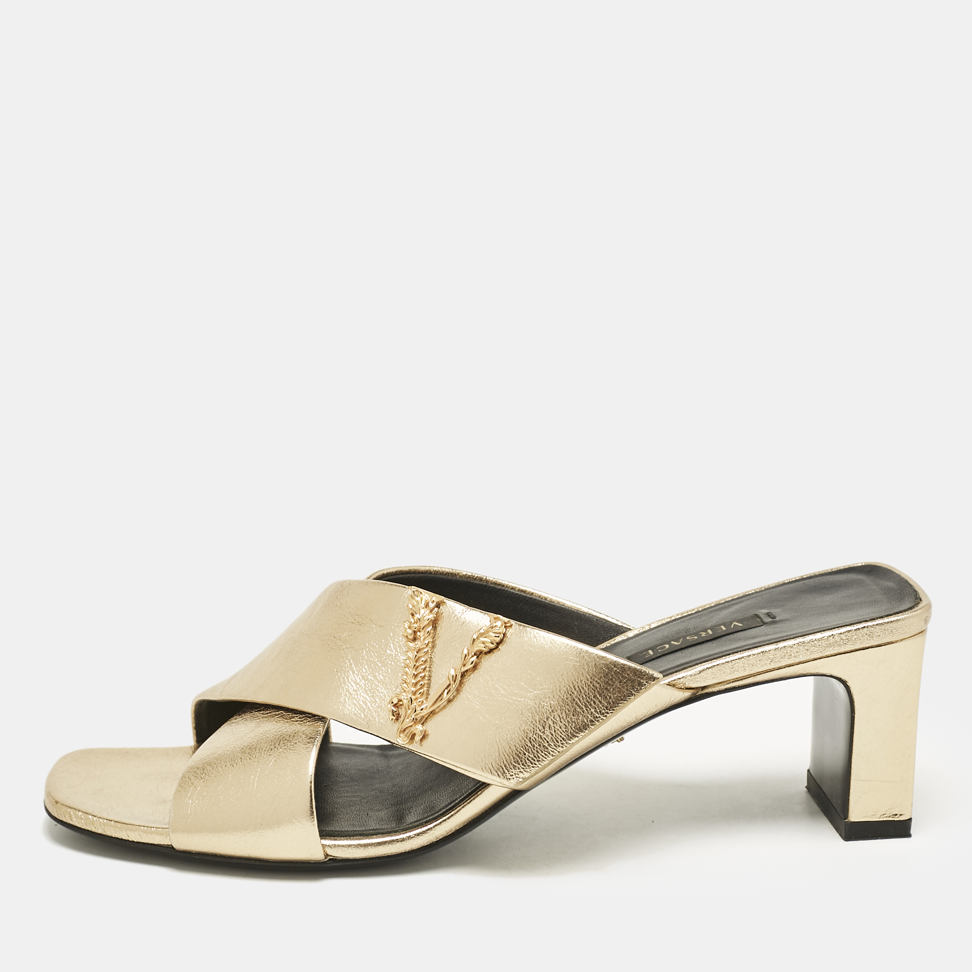 

Versace Gold Leather Criss-Cross Slide Sandals Size