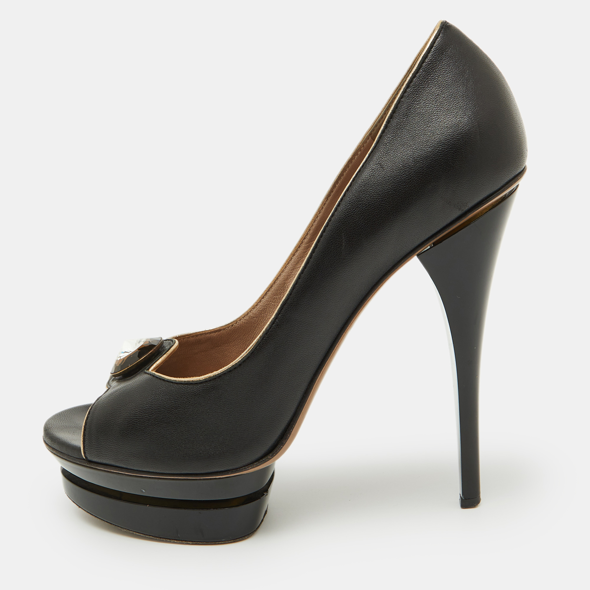 

Versace Black Leather Crystal Peep Toe Platform Pumps Size