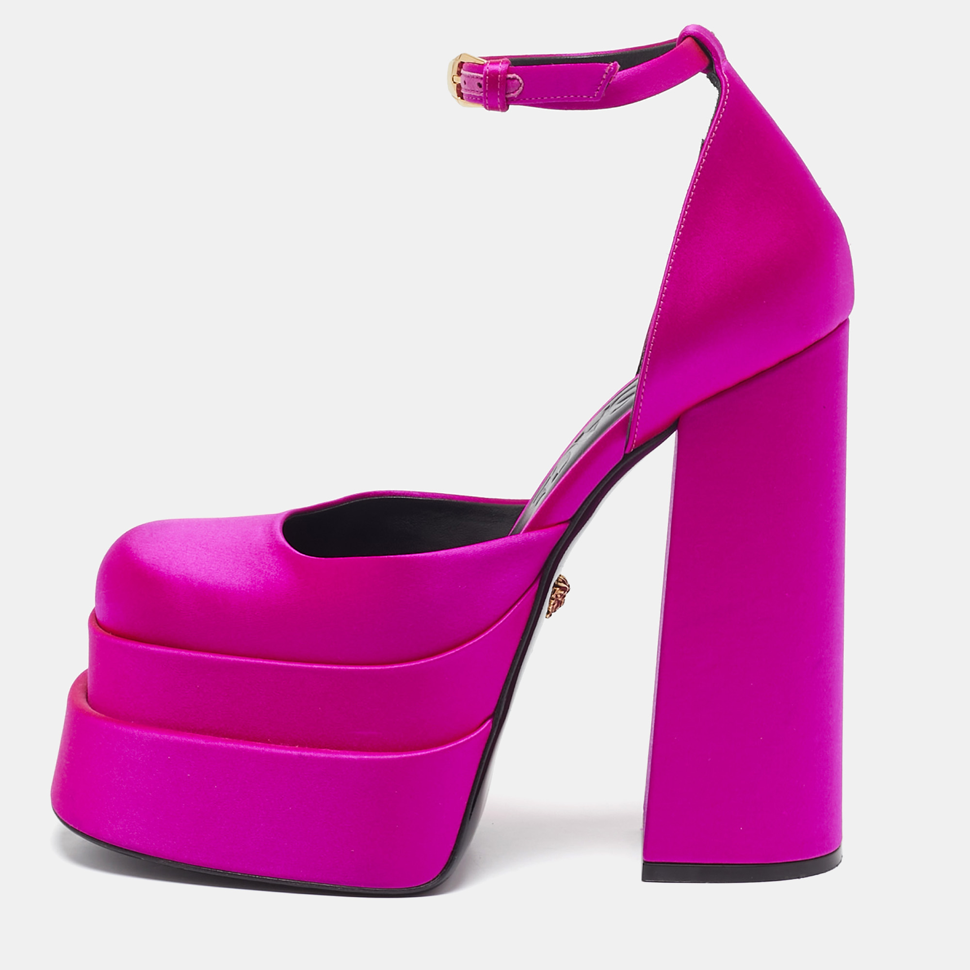 

Versace Pink Satin Medusa Aevitas Platform Ankle Strap Pumps Size