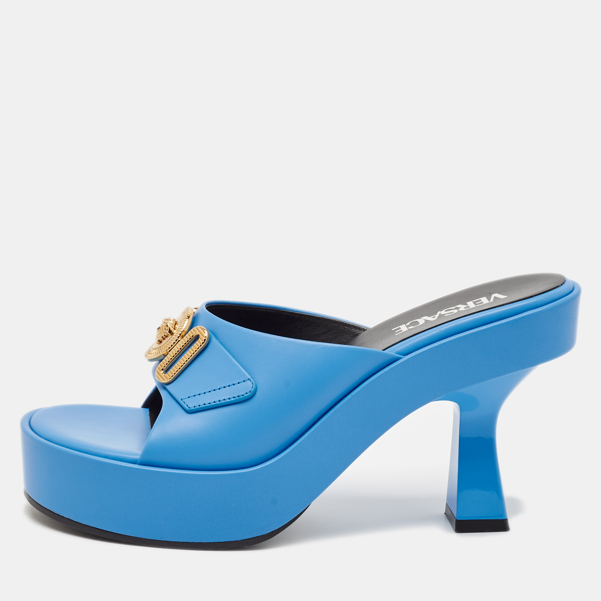 

Versace Blue Leather Medusa Biggie Mules Size