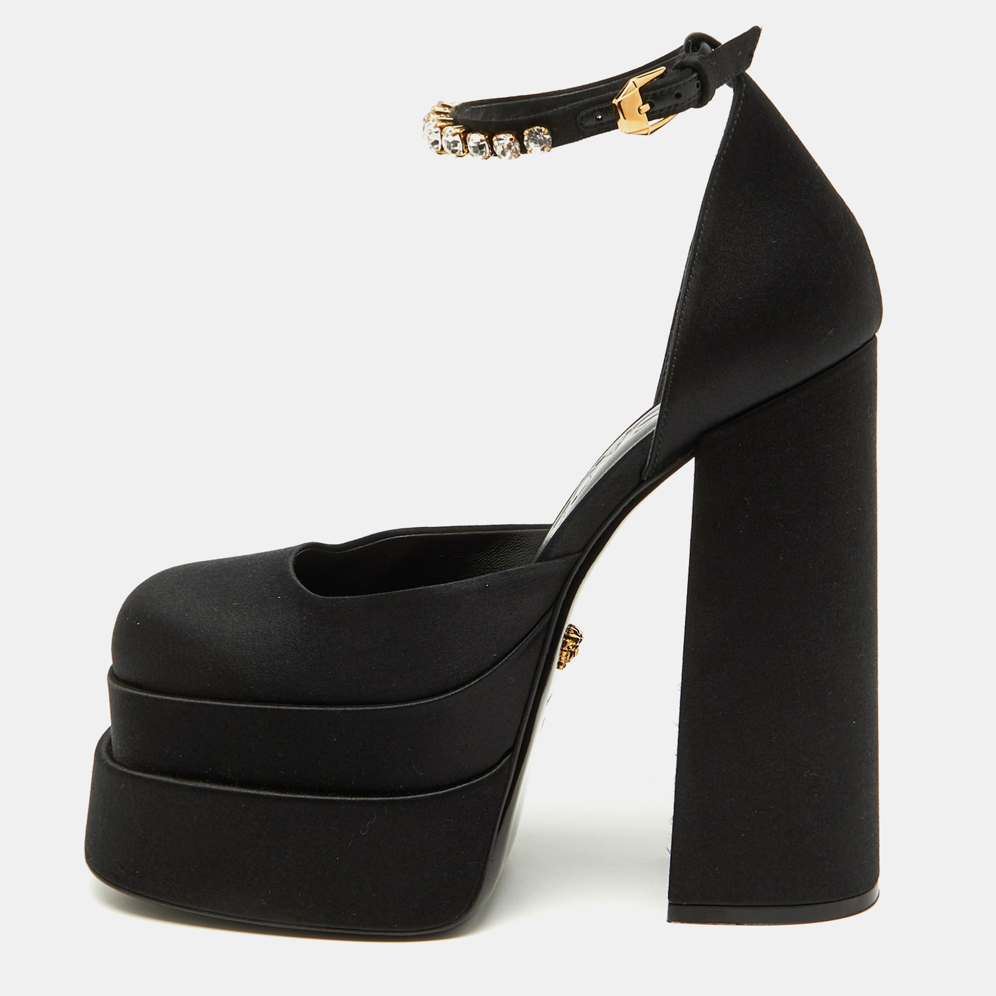 

Versace Black Satin Medusa Aevitas Double Platform Pumps Size