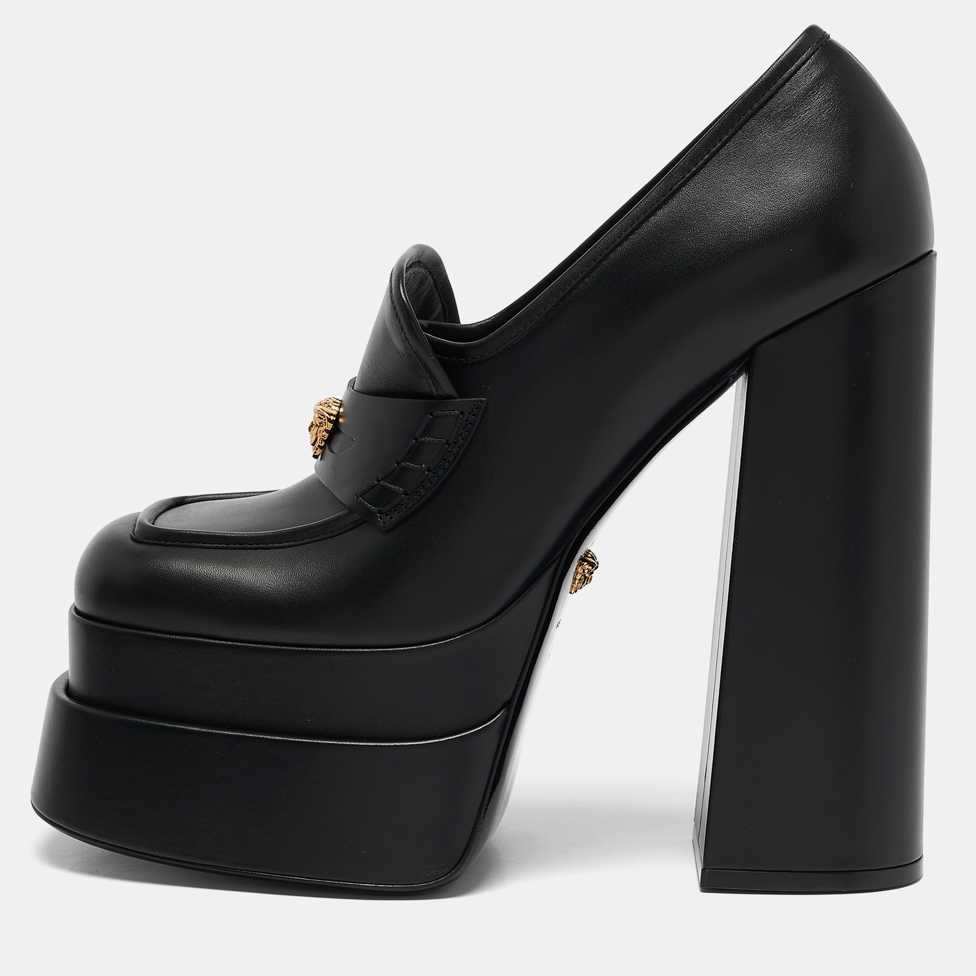 

Versace Black Leather Medusa Aevitas Double Platform Pumps Size