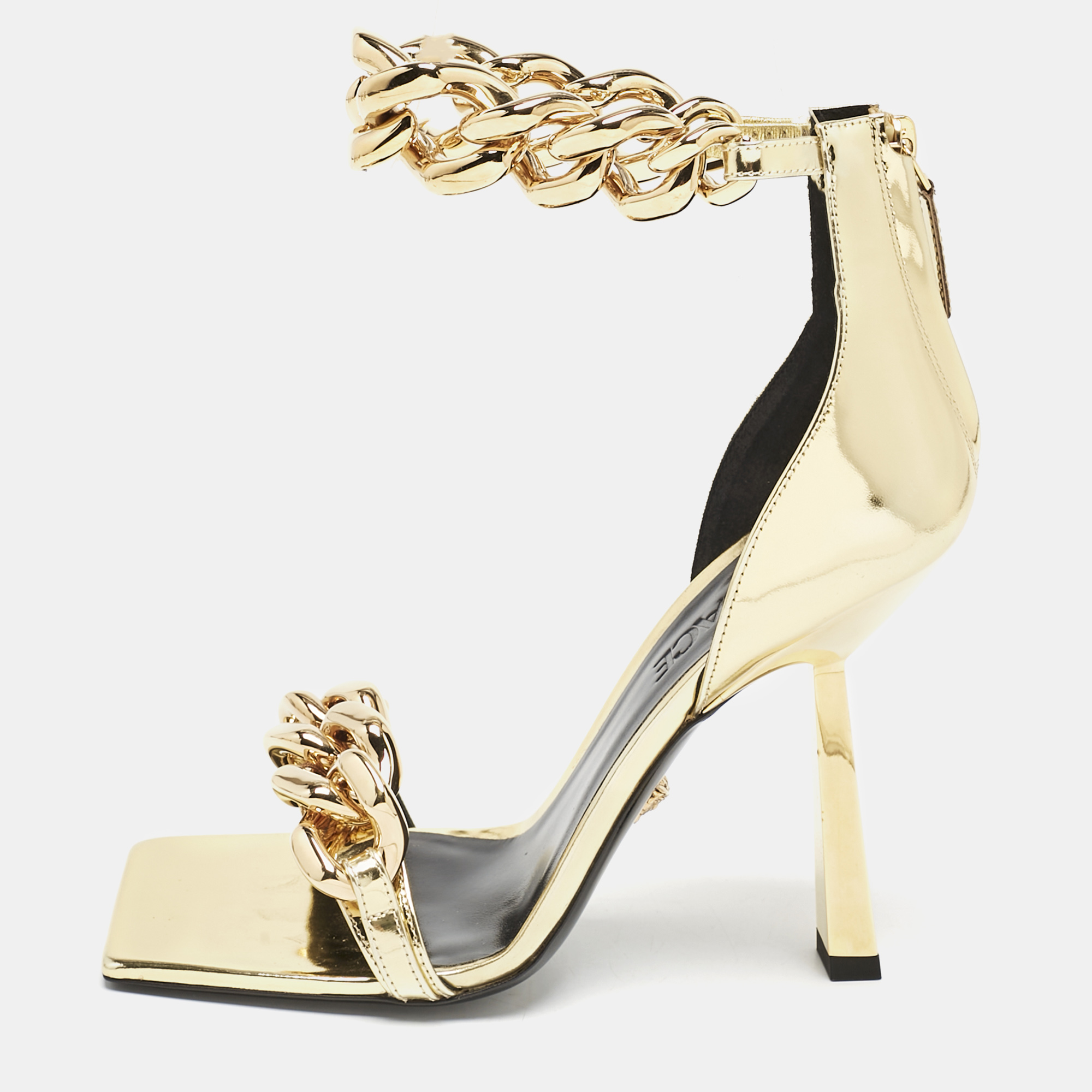 

Versace Gold Leather Medusa Chain Ankle Strap Sandals Size