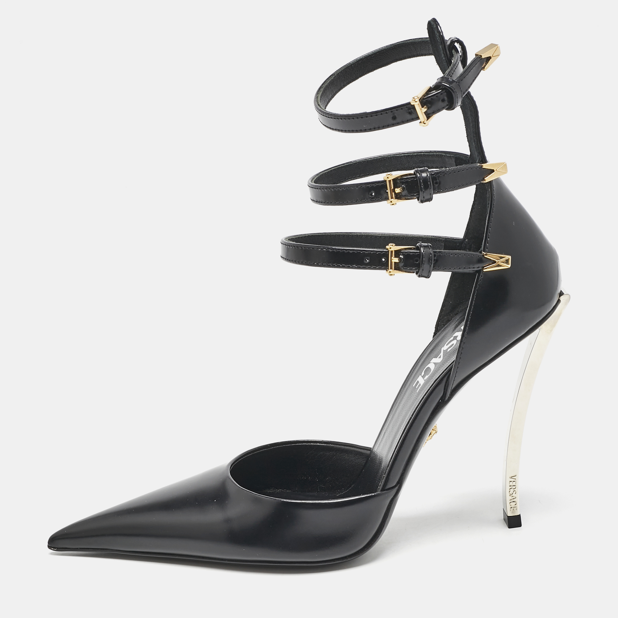 

Versace Black Leather Decollete Triple Ankle Strap Pumps Size