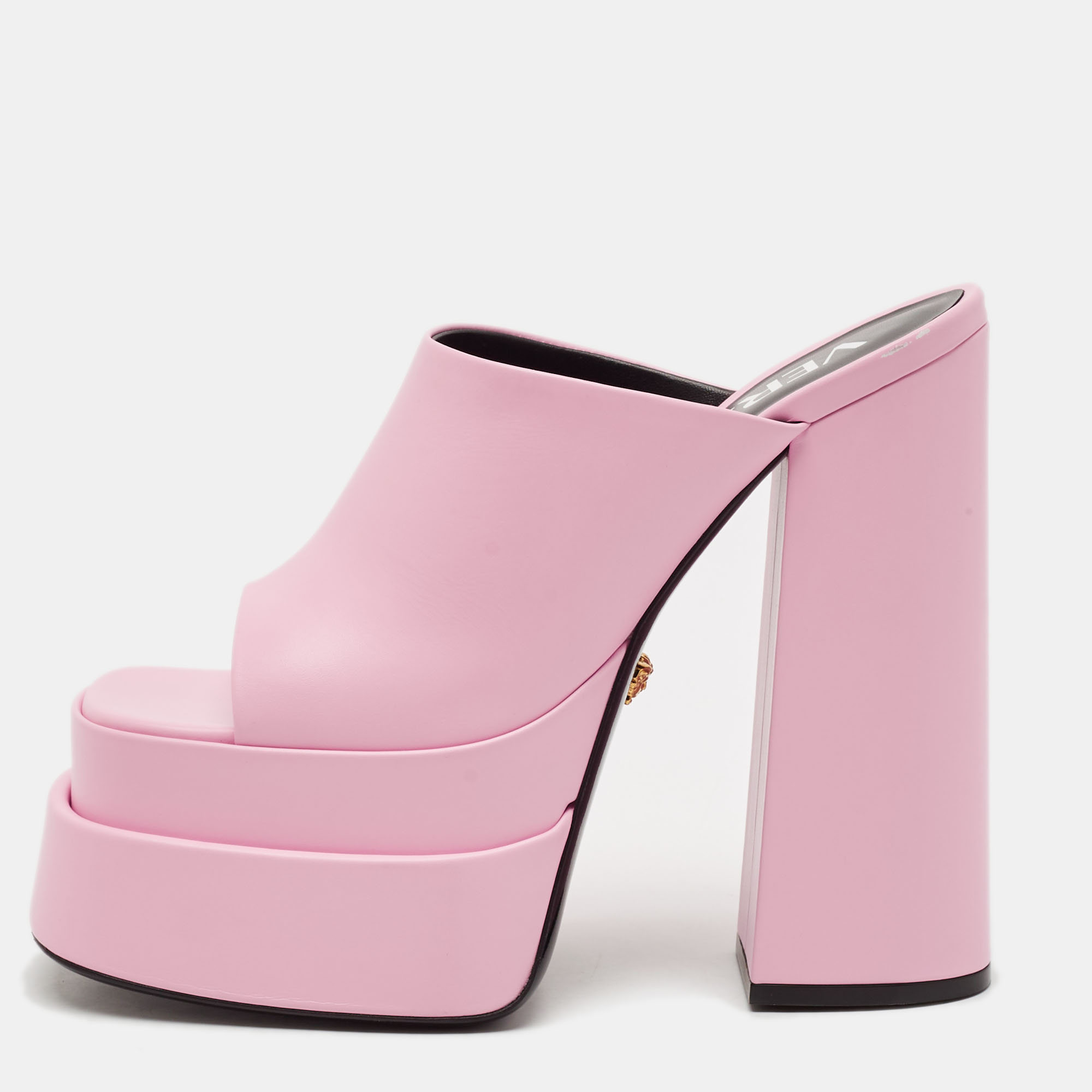 

Versace Pink Leather Aevitas Double Platform Mules Size