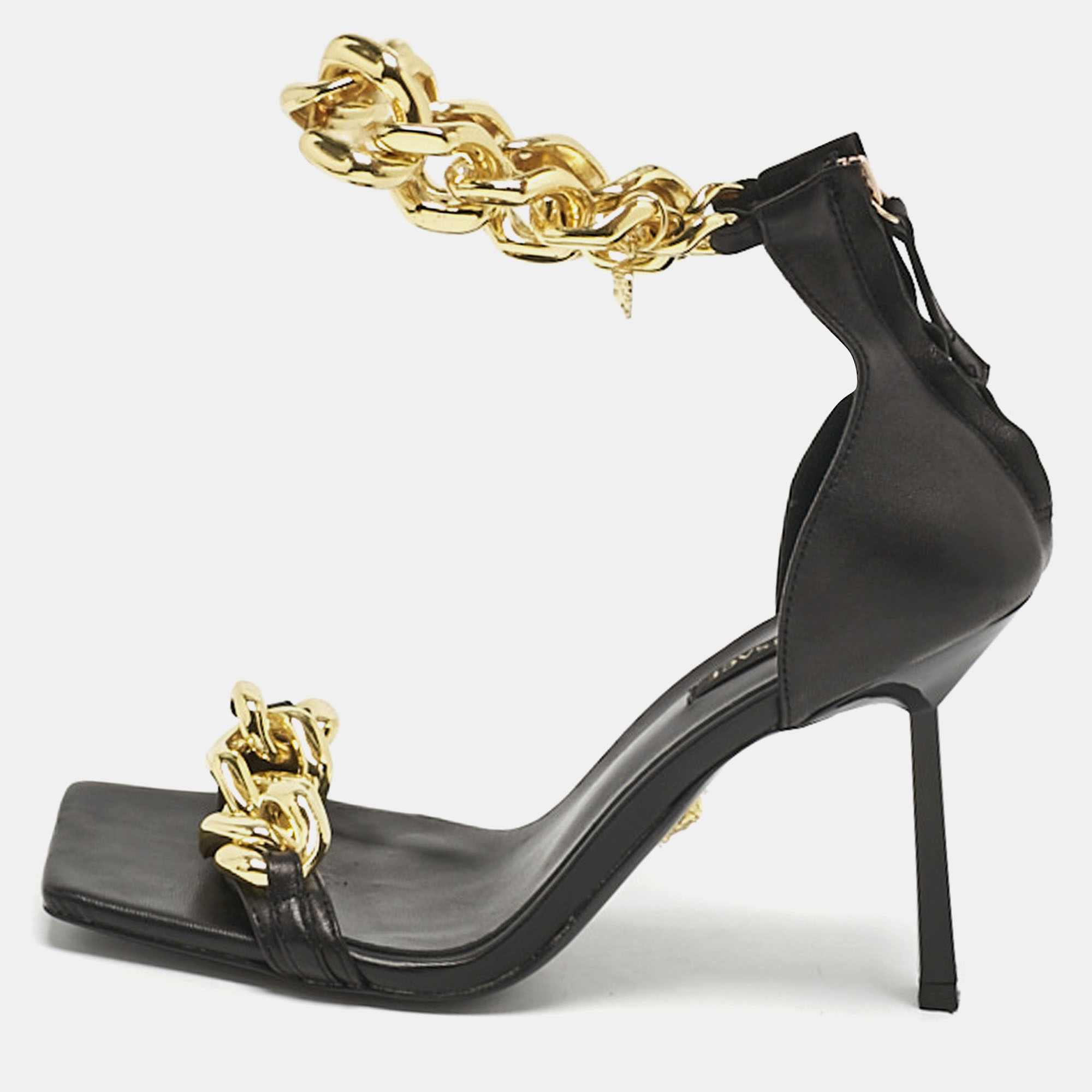 

Versace Black Leather Medusa Chain Ankle Strap Sandals Size