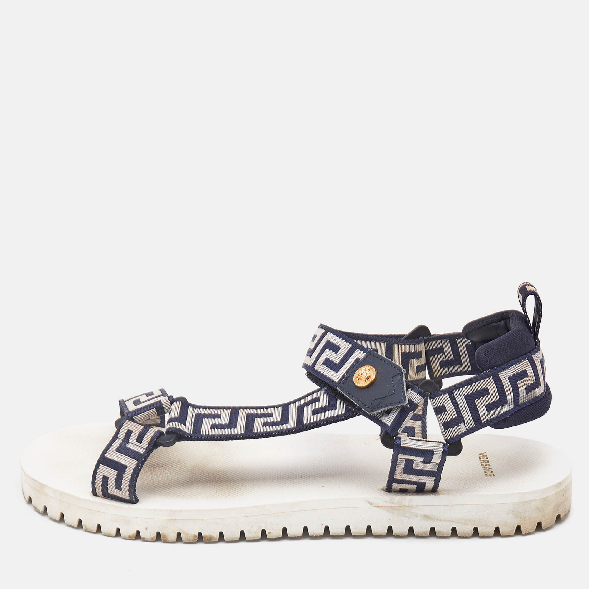 

Versace Navy Blue/White Canvas La Greca Flat Sandals Size