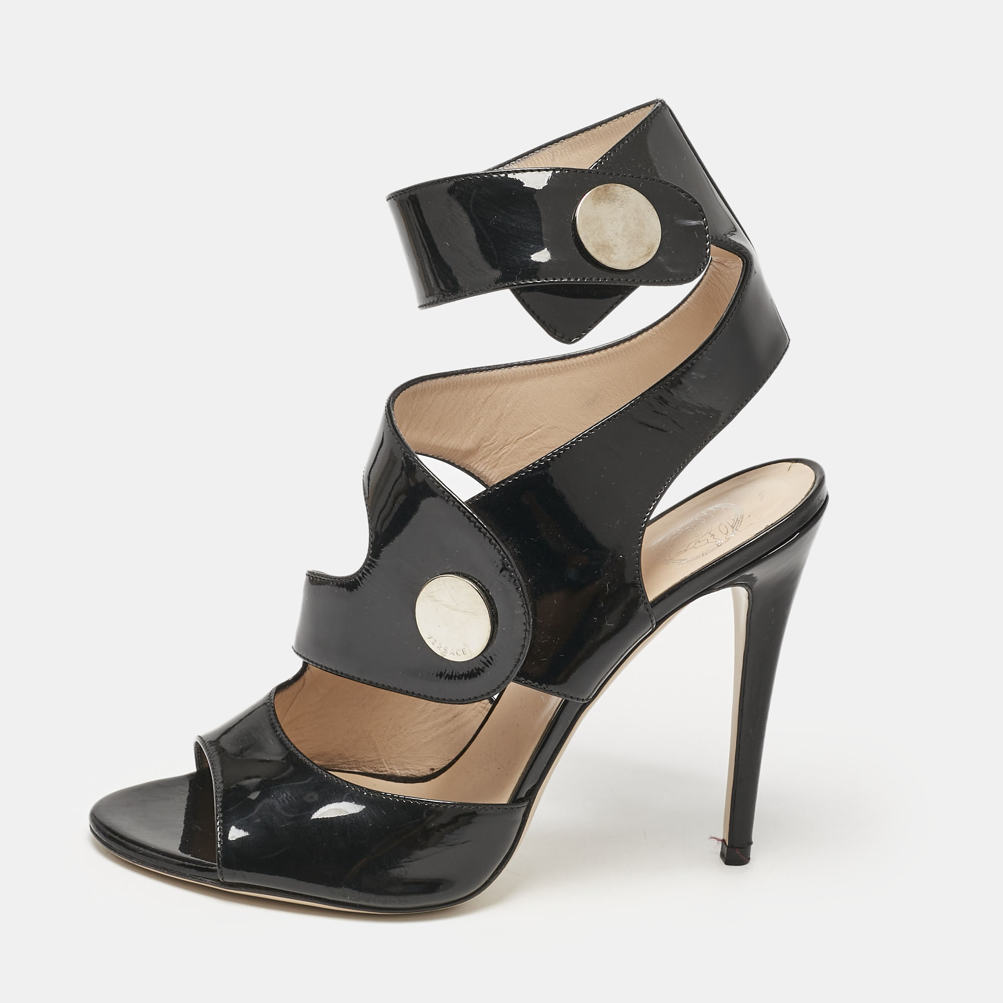 

Versace Black Patent Leather Cutout Open Toe Ankle Cuff Sandals Size