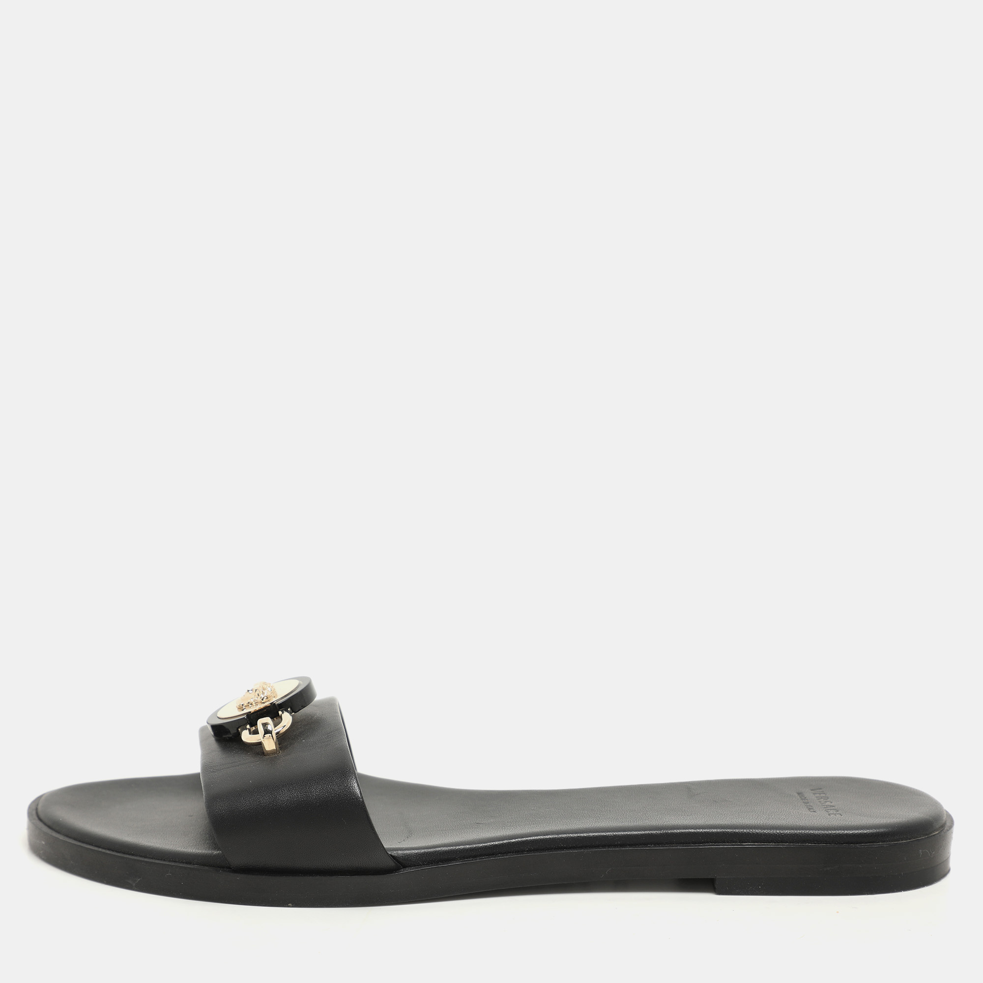 

Versace Black Leather Medusa Flat Slides Size