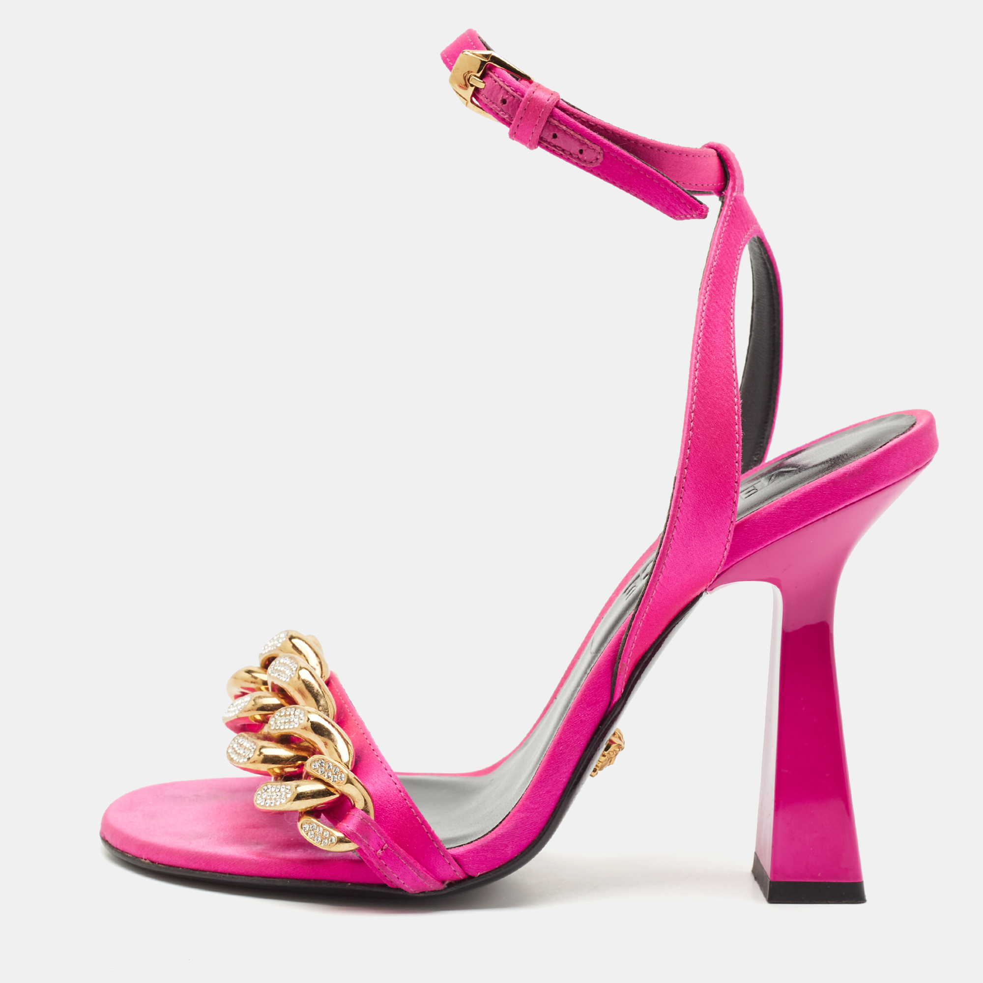 

Versace Pink Satin Medusa Chain Ankle Strap Sandals Size