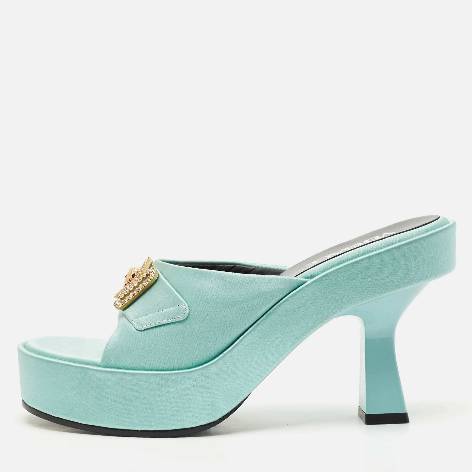 

Versace Mint Green Satin Medusa Biggie Platform Mules Size