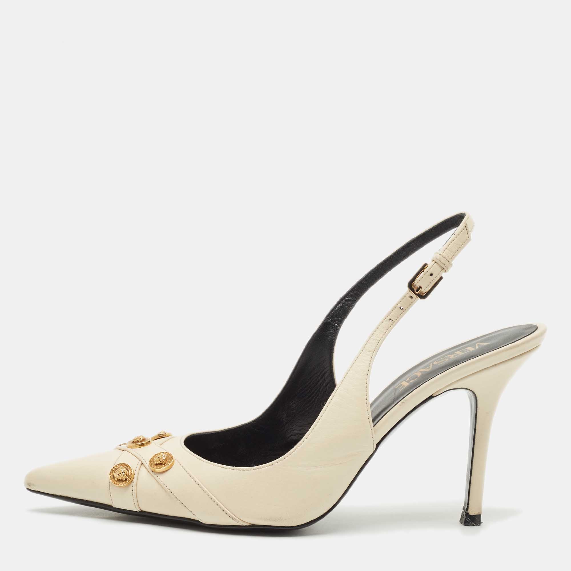 

Versace Off White Leather Logo Detail Pointed Toe Slingback Pumps Size