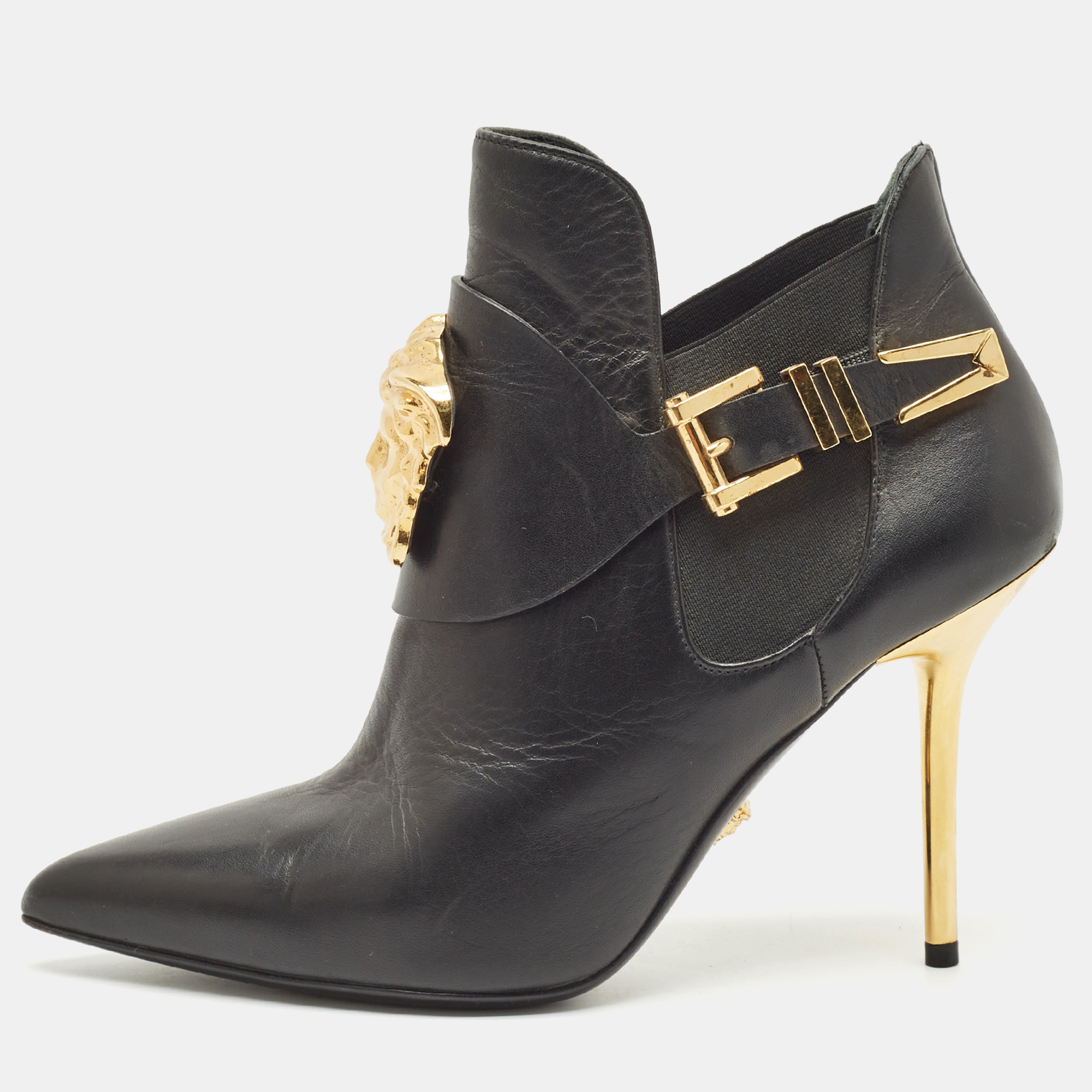 

Versace Black Leather Palazzo Ankle Booties Size