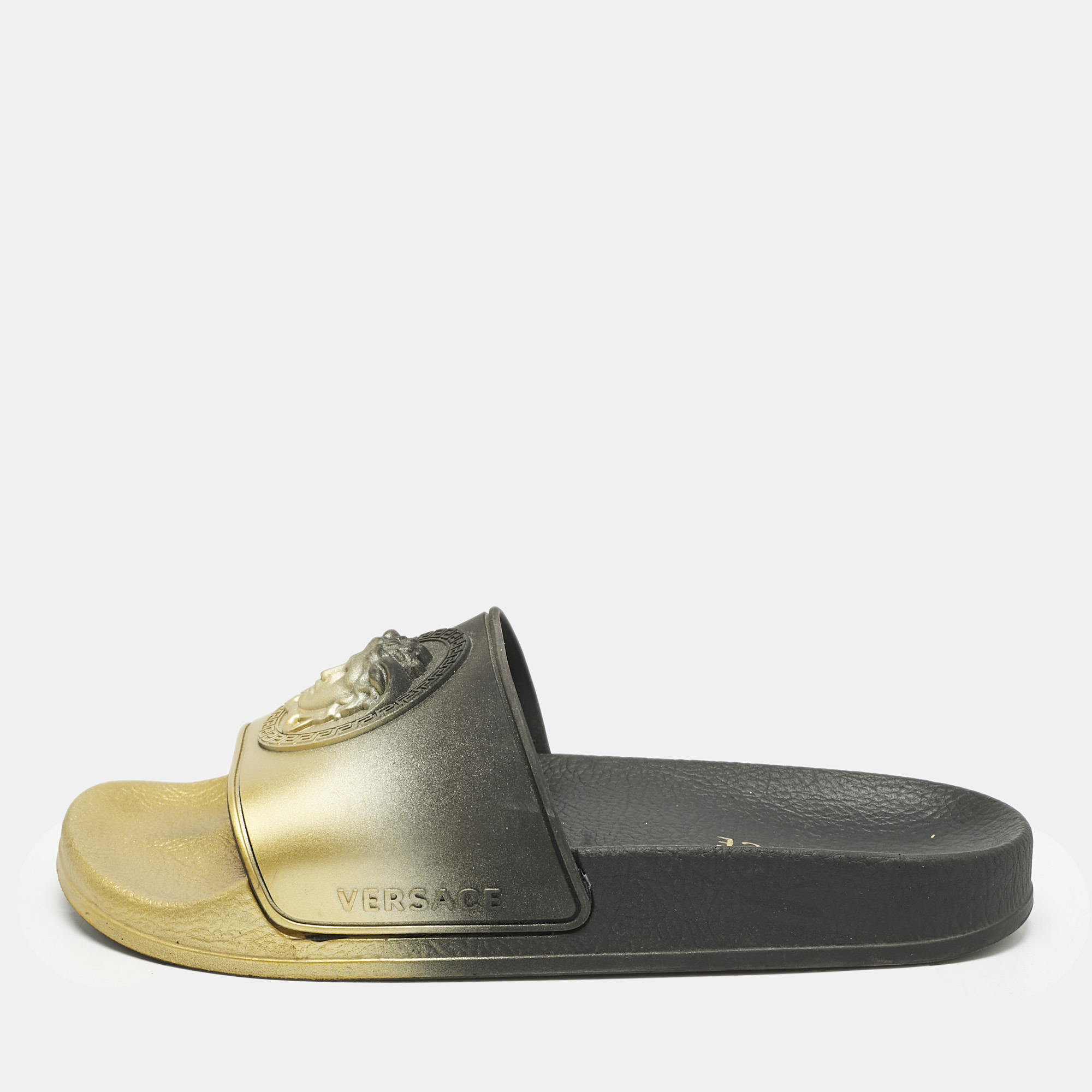 

Versace Gold/Black Rubber Medusa Flat Pool Slide Sandals Size