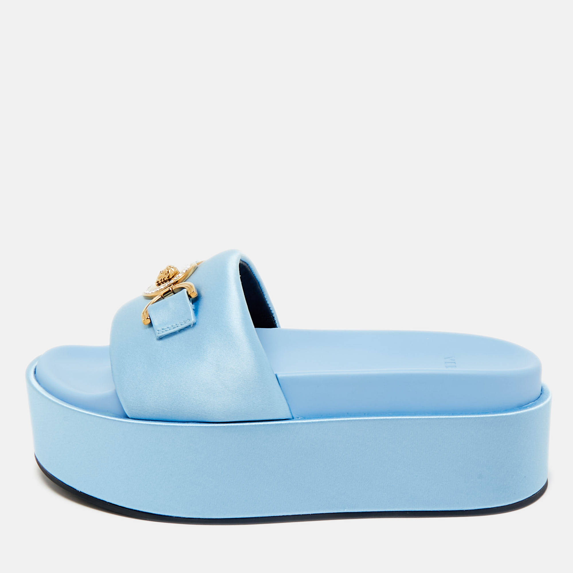 

Versace Blue Satin Medusa Biggie Platform Slide Sandals Size