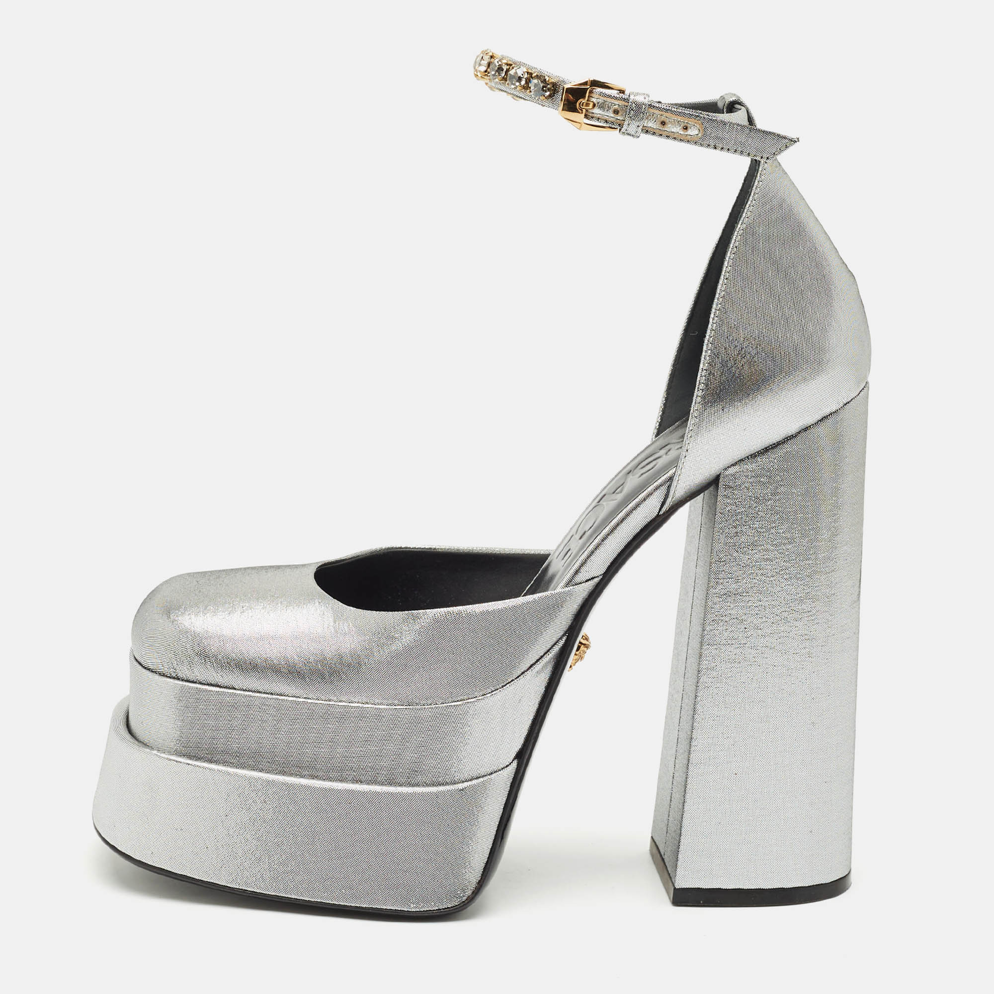

Versace Metallic Grey Fabric Medusa Aevitas Double Platform Pumps Size