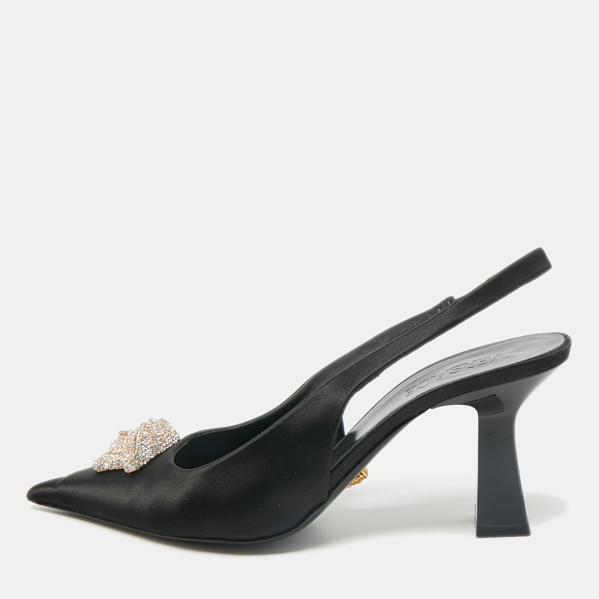 

Versace Black Satin Crystal Embellished La Medusa Slingback Pumps Size