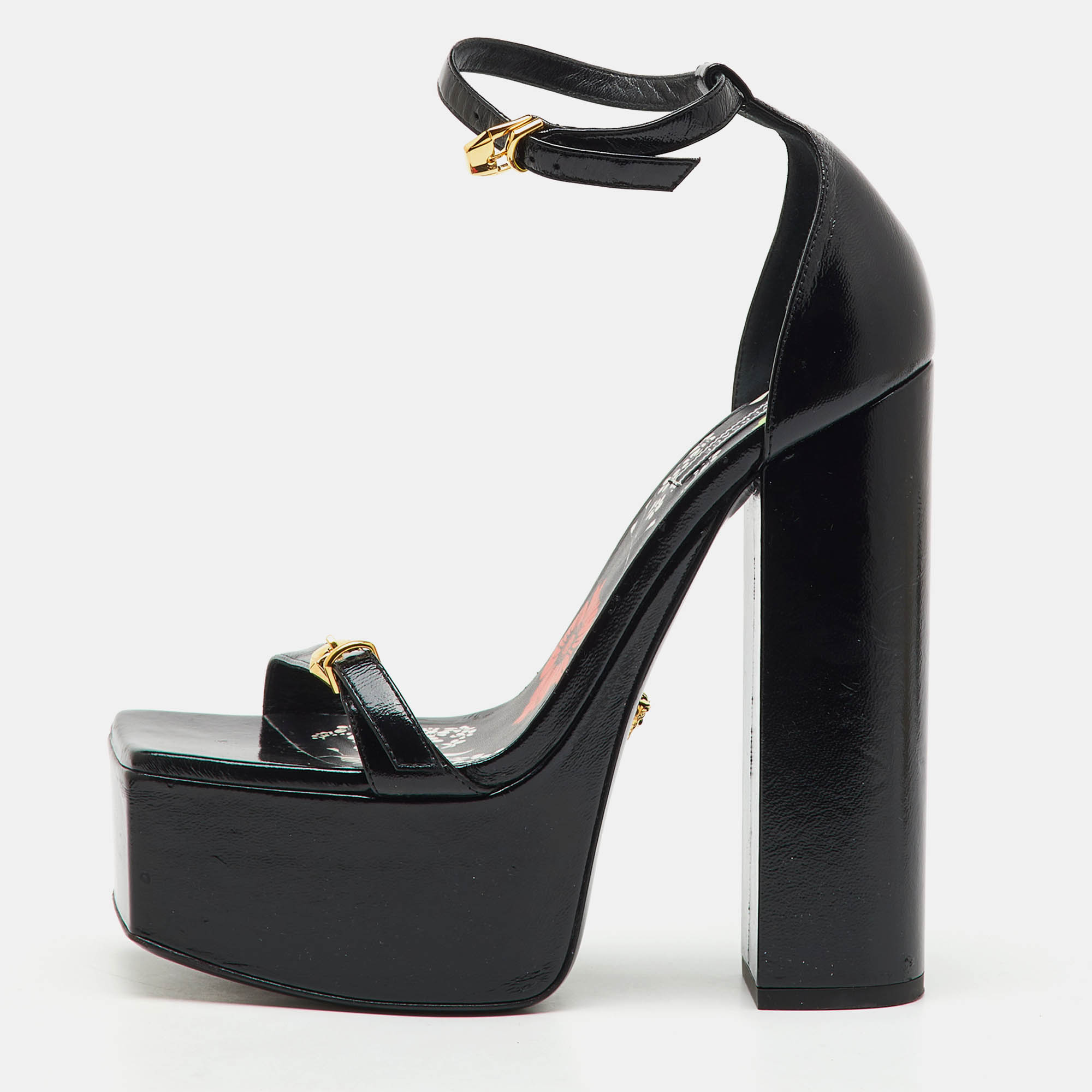 Pre-owned Versace Black Leather Block Heel Platform Ankle Strap Sandals Size 38