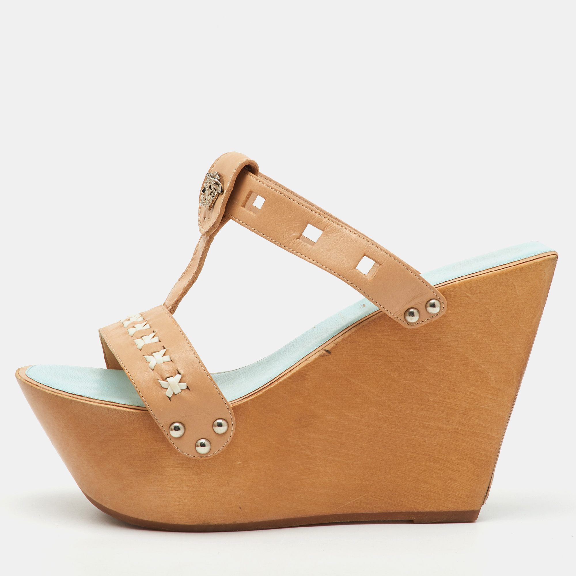 

Versace Beige Leather Wood Platform Wedge Sandals Size