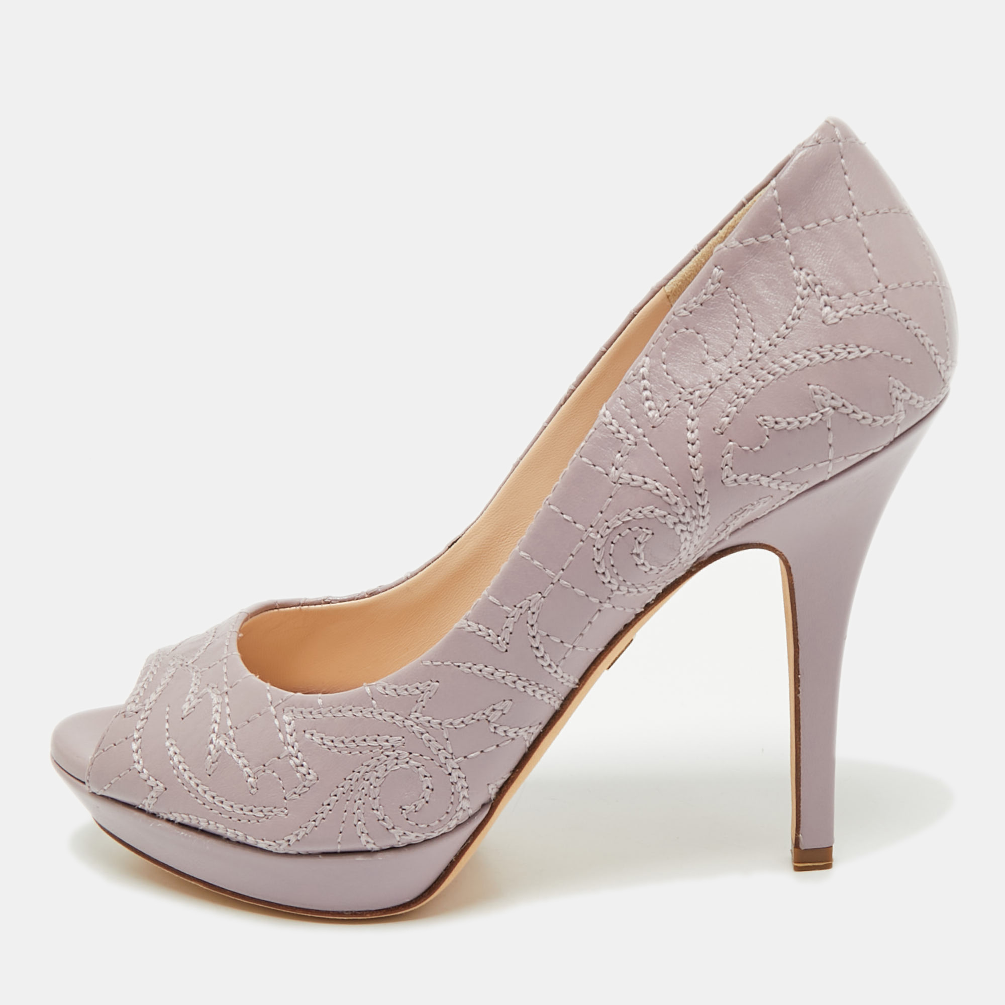 

Versace Purple Embroidered Leather Peep Toe Platform Pumps Size