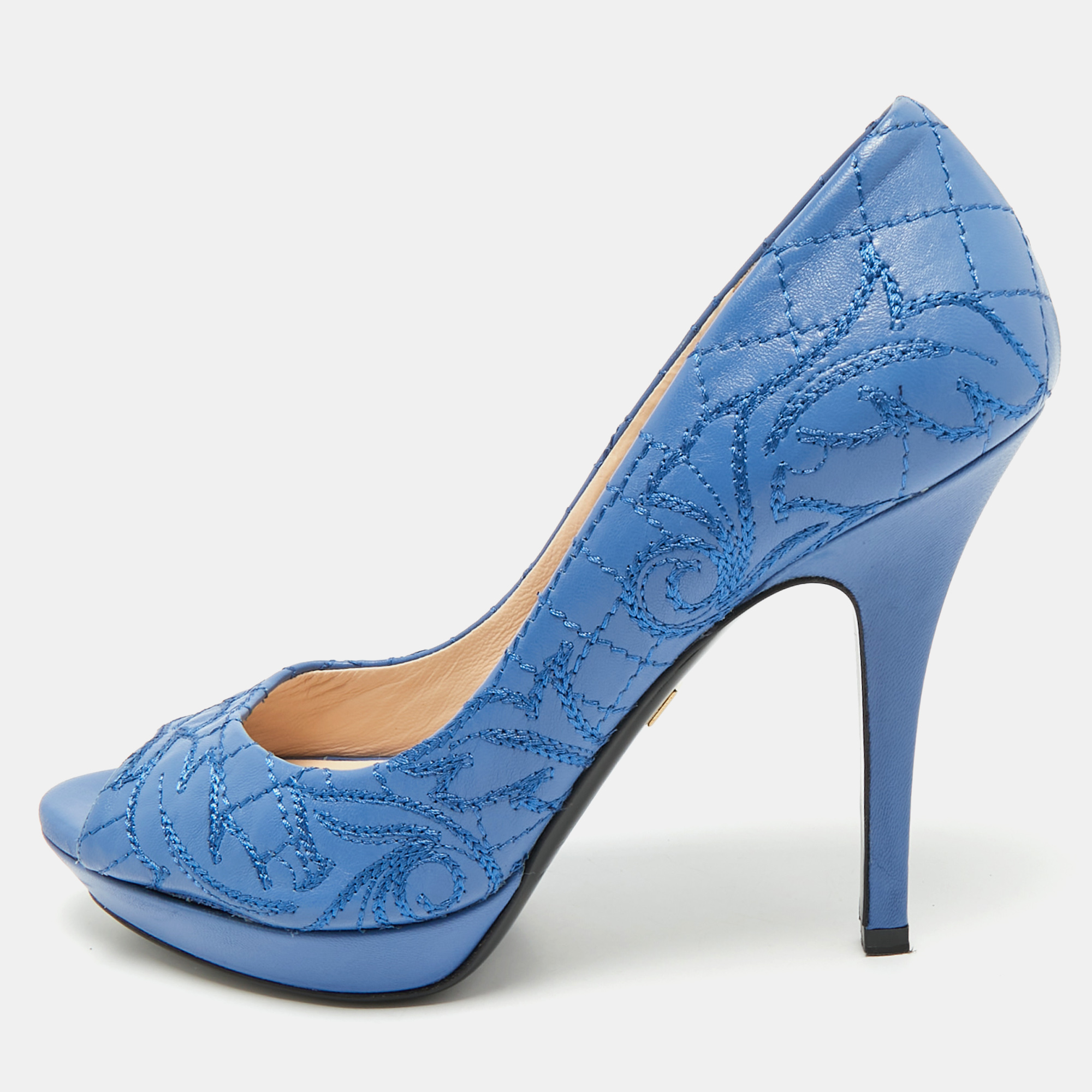 

Versace Blue Embroidered Leather Peep Toe Platform Pumps Size