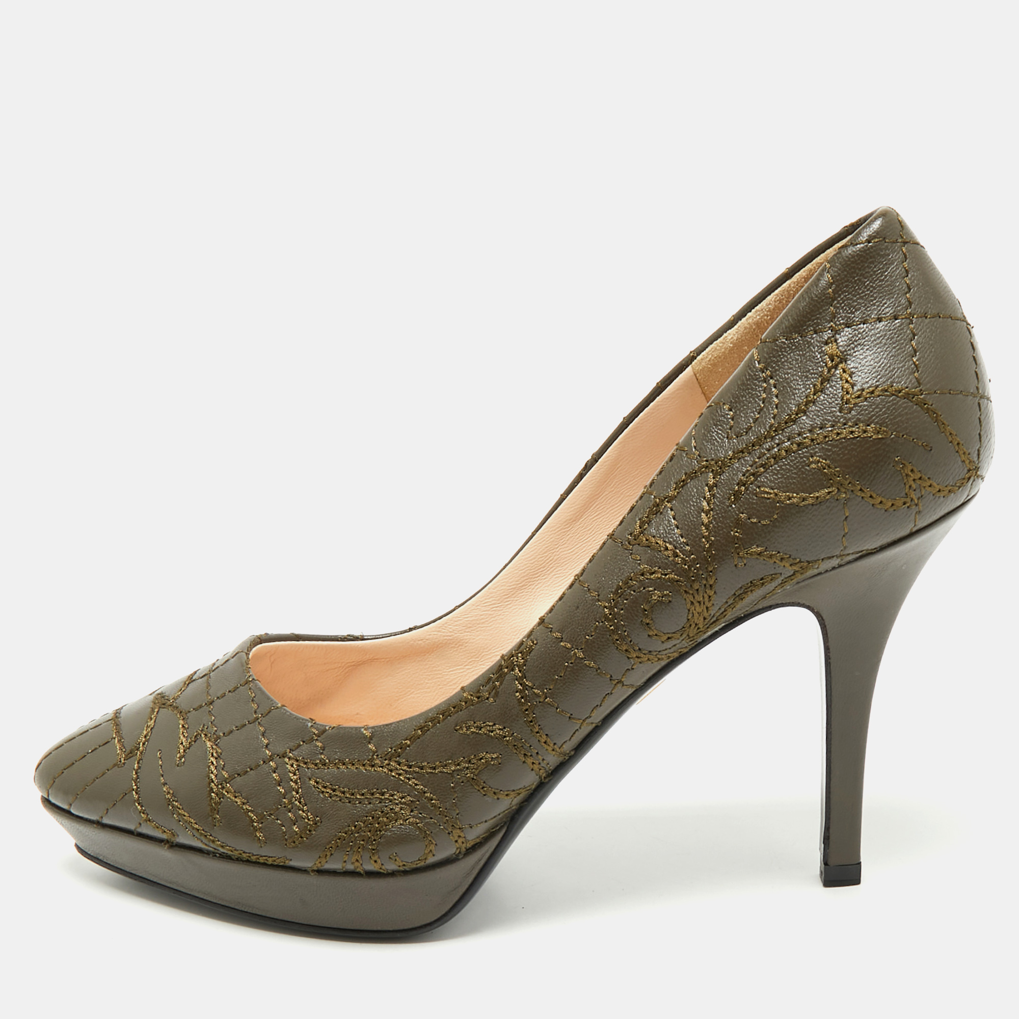 

Versace Olive Brown Embroidered Leather Platform Pointed Toe Pumps Size