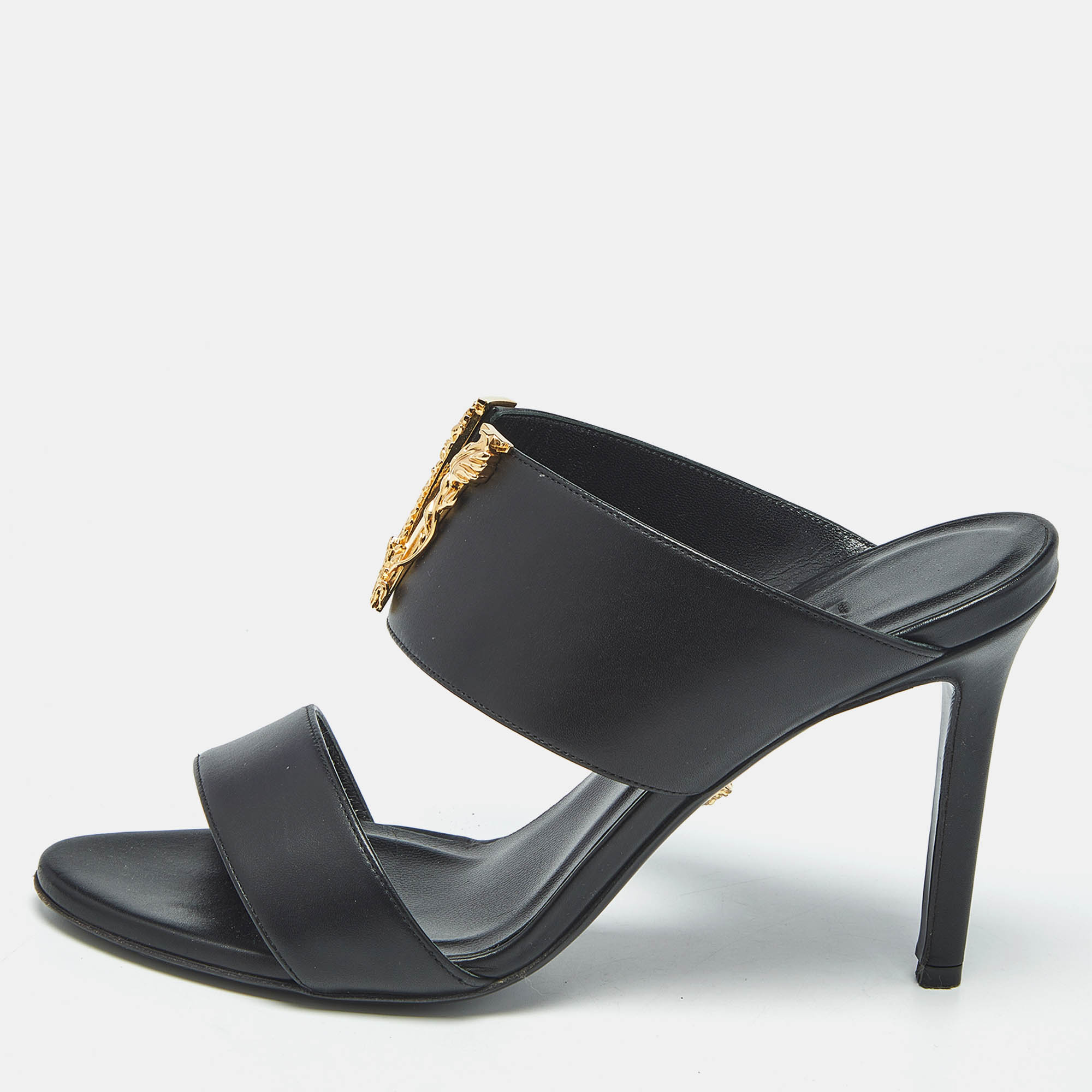 

Versace Black Leather Virtus Slide Sandals Size