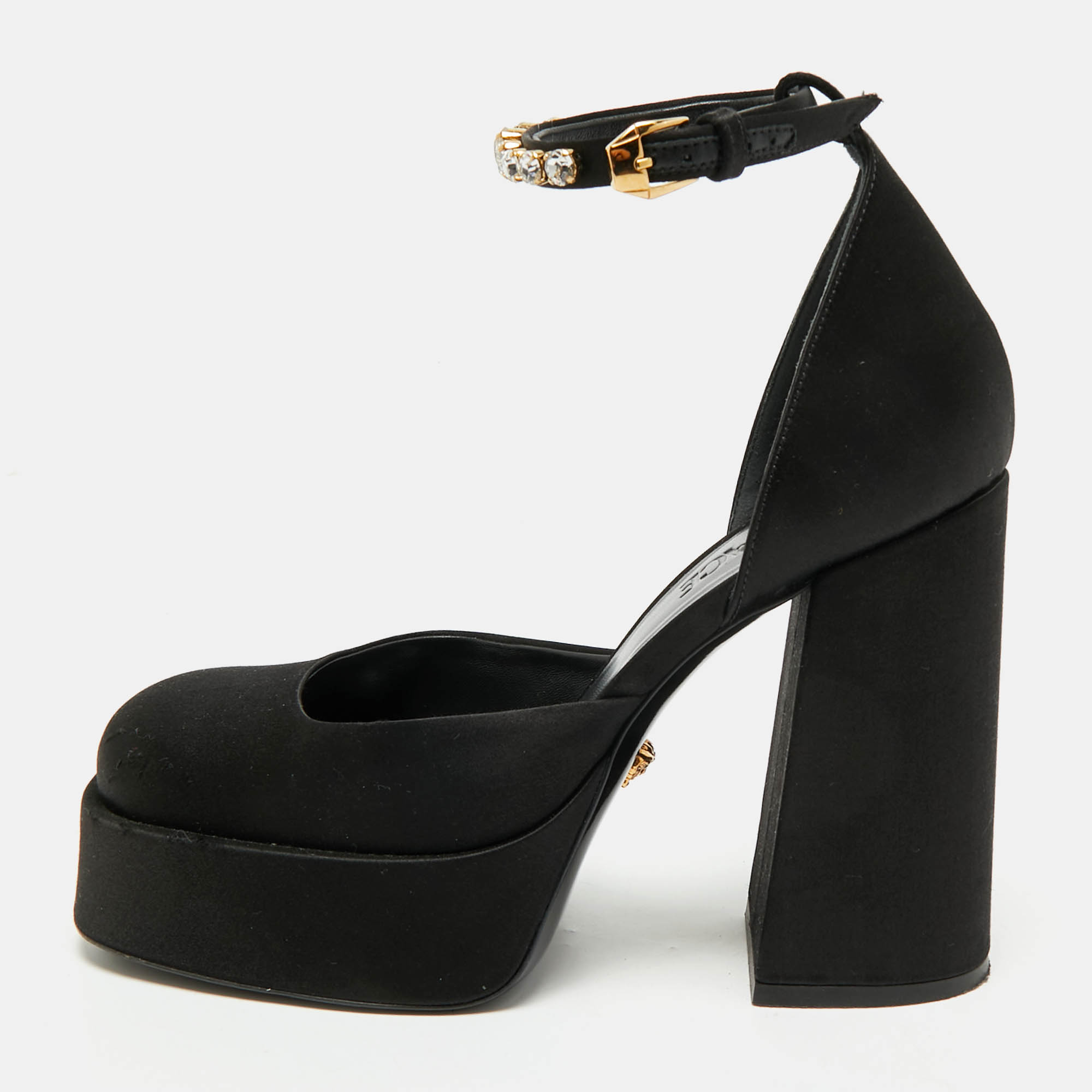 

Versace Black Satin Aevitas Crystal Embellished Ankle Strap Platform Pumps Size