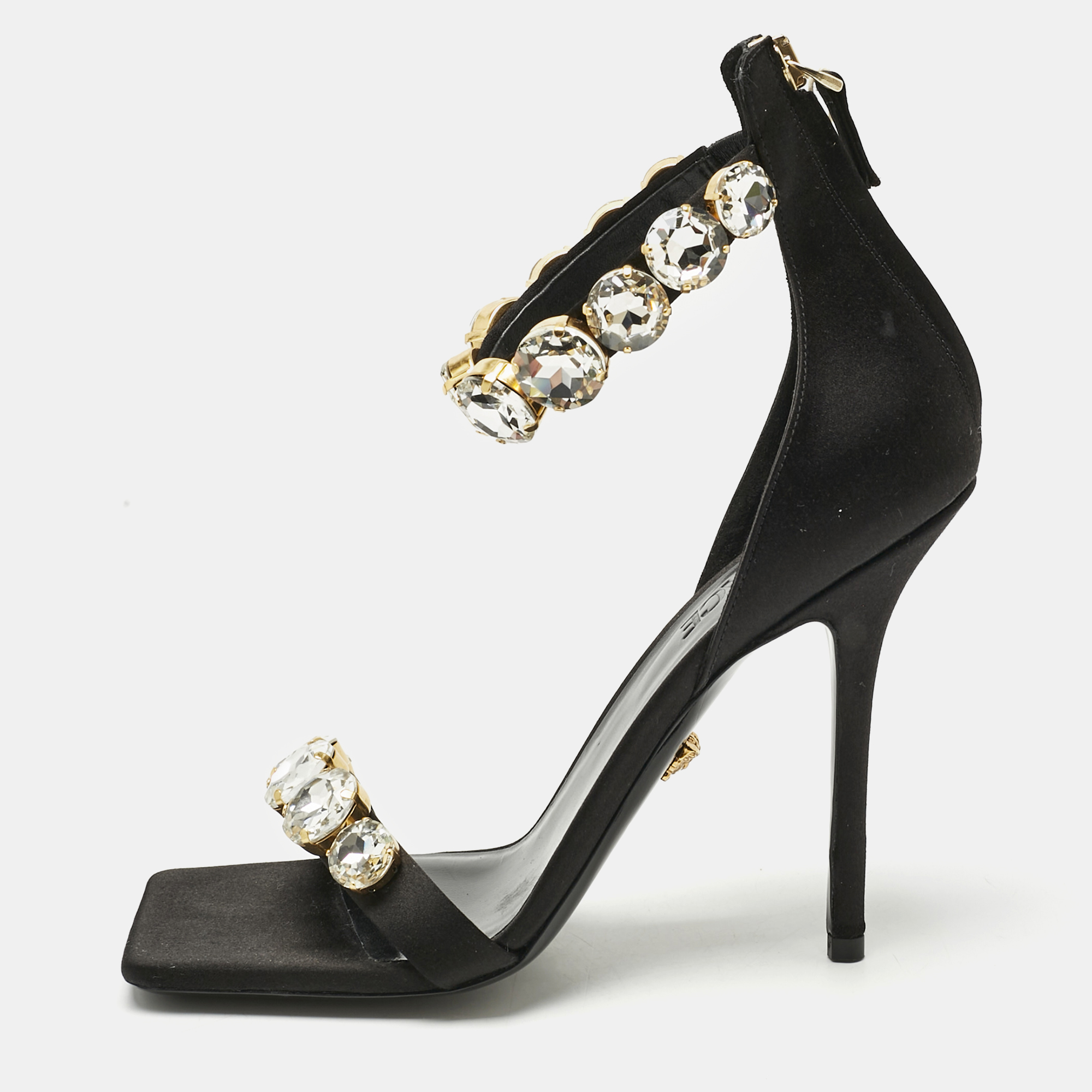 

Versace Black Satin Crystals Embellished Ankle Strap Sandals Size
