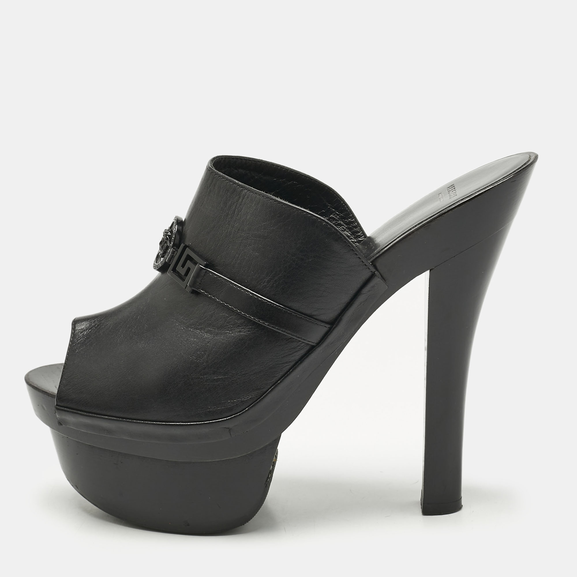 Pre-owned Versace Black Leather And Wooden Platform Medusa Sandals Size 39