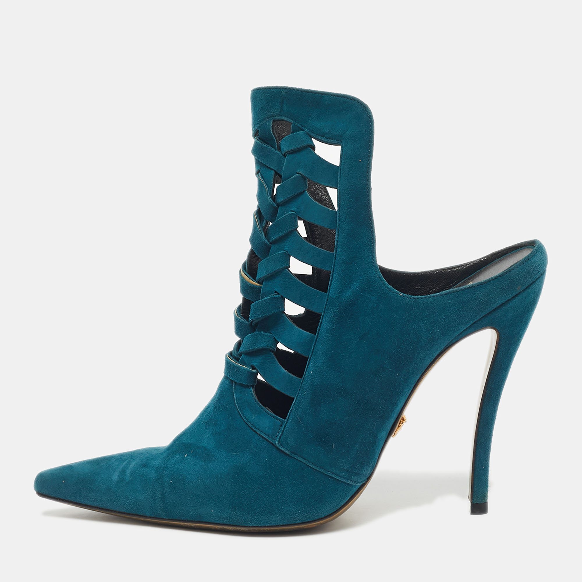 

Versace Blue Suede Cutout Pointed Toe Mules Size