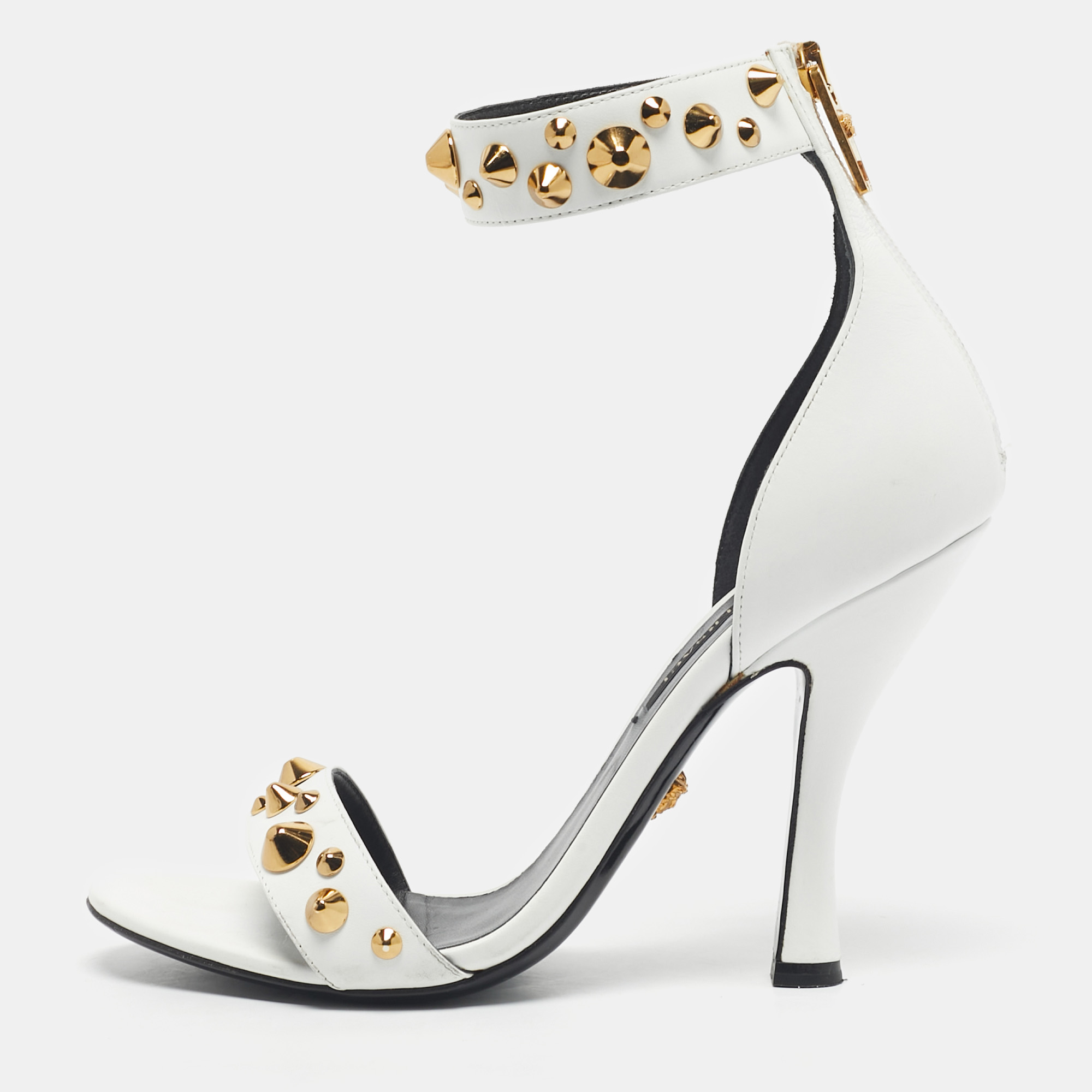 

Versace White Leather Studded Ankle Strap Sandals Size
