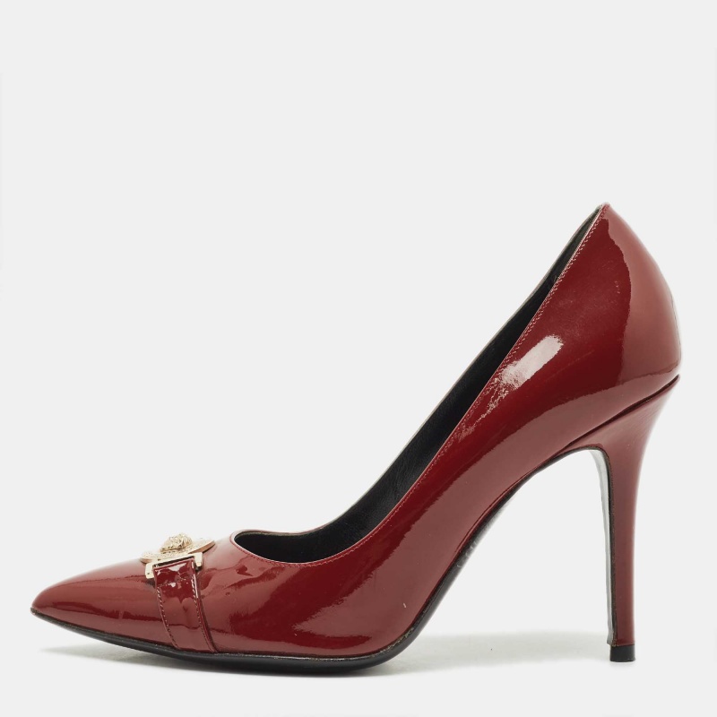 Pre-owned Versace Burgundy Patent Medusa Pointed Toe Pumps Size 38