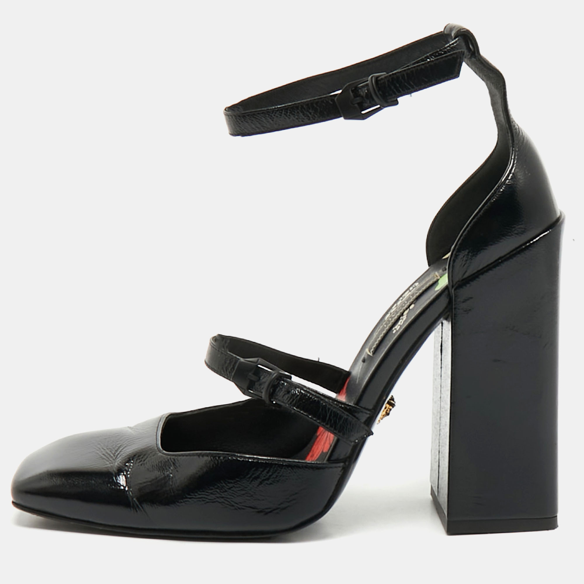 Pre-owned Versace Black Leather Ankle Wrap Block Heel Pumps Size 38