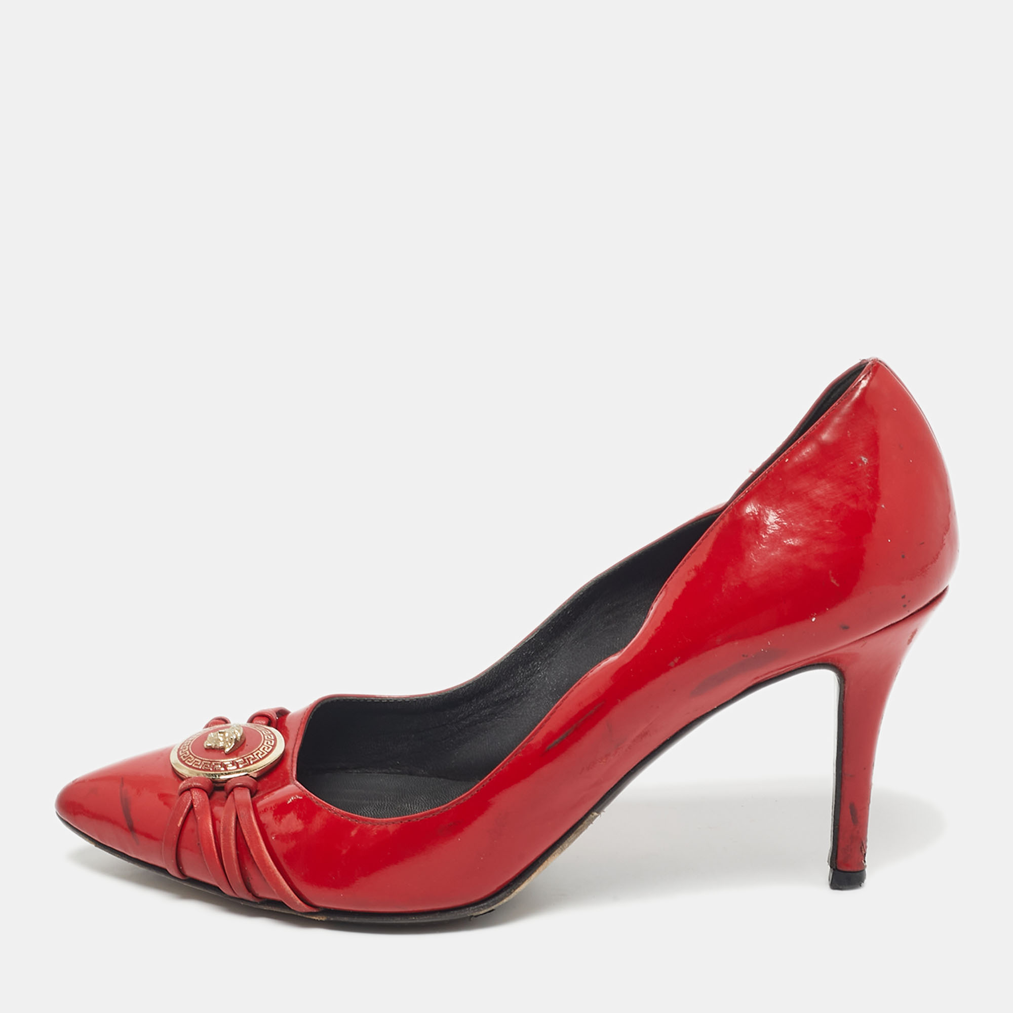 Pre-owned Versace Red Patent Leather Medusa Pointed Toe Pumps Size 37