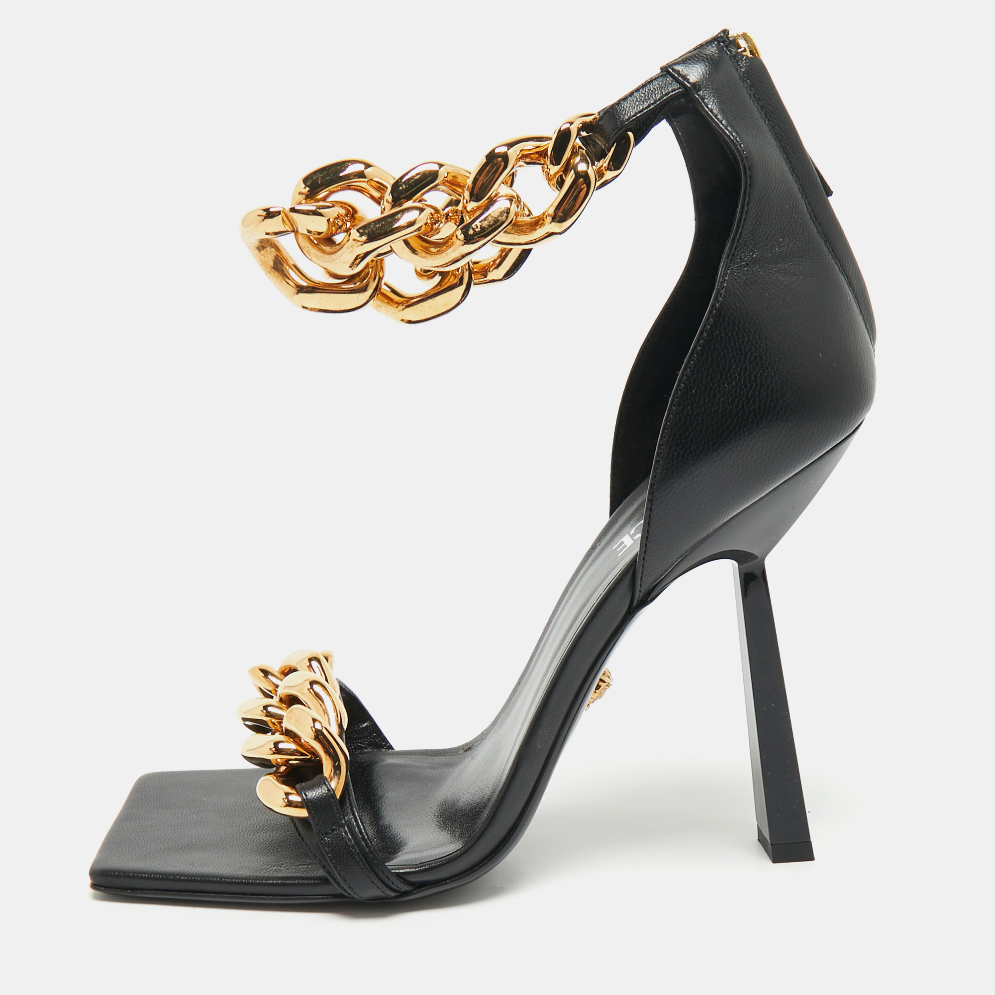 

Versace Black Leather Medusa Chain Ankle Strap Sandals Size