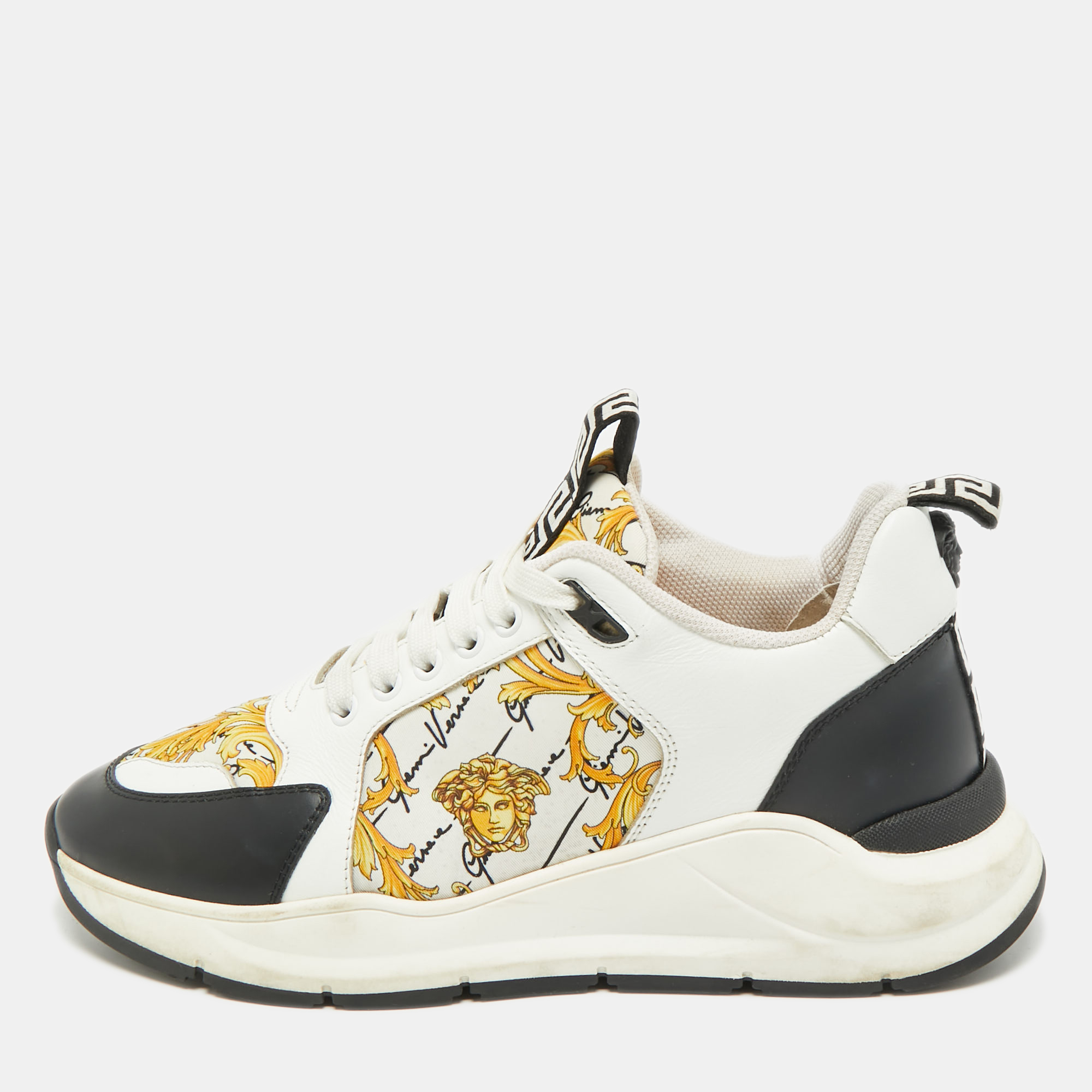 Pre-owned Versace Multicolor Leather And Canvas Baroque Printed Logo Low Top Sneakers Size 40