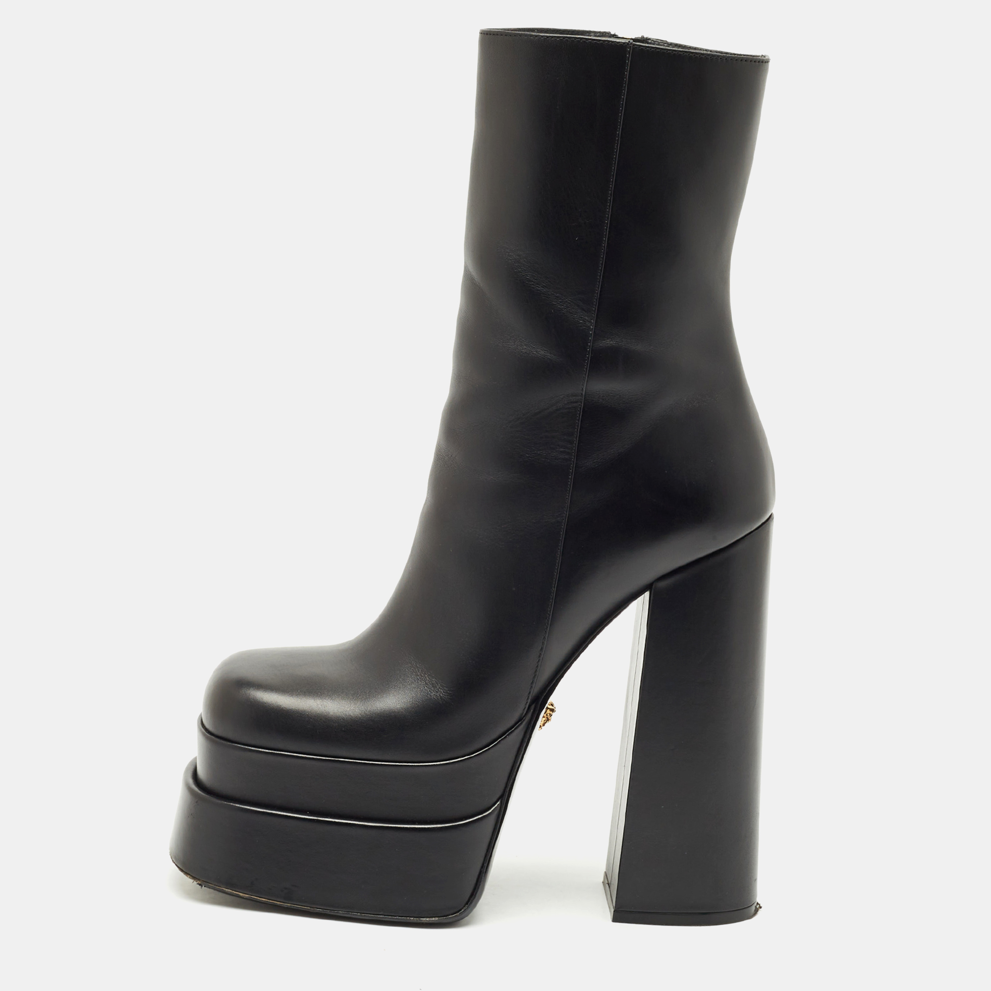 Pre-owned Versace Black Leather Aevitas Double Platform Boots Size 39