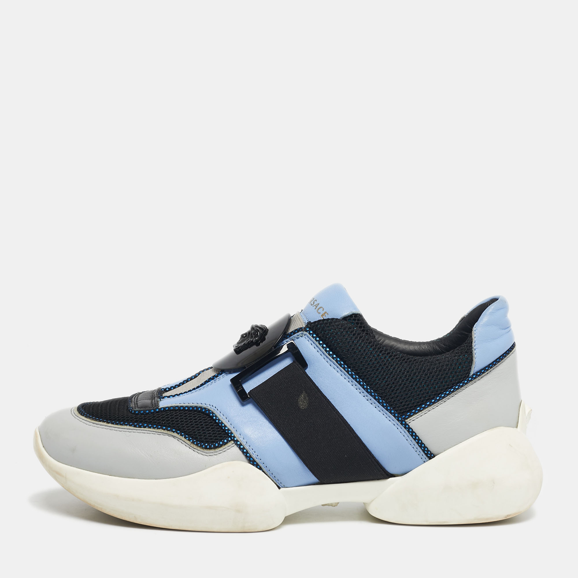 Pre-owned Versace Tricolor Leather And Mesh Medusa Slip On Sneakers Size 38 In Blue