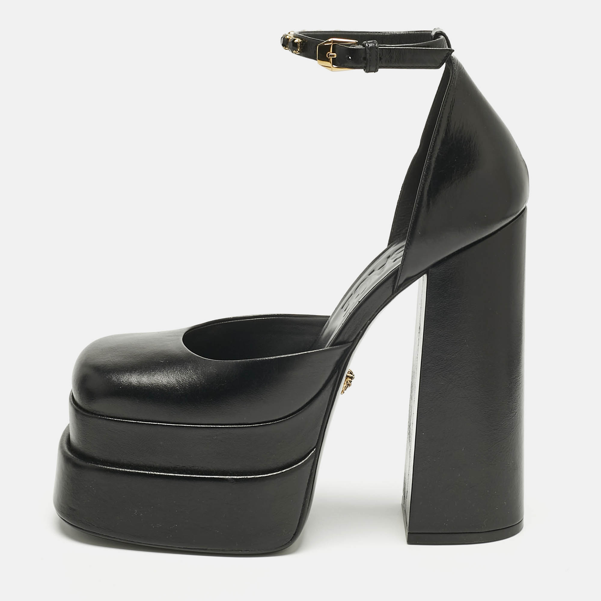 

Versace Black Leather Medusa Aevitas Double Platform Pumps Size