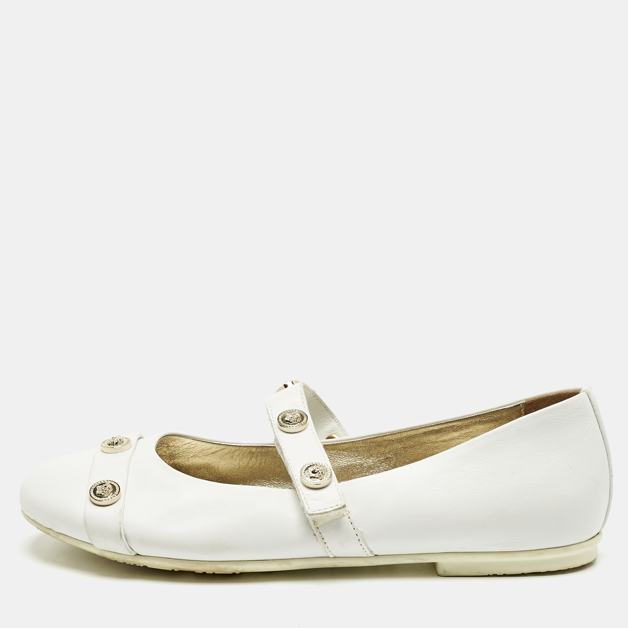 Pre-owned Versace White Leather Medusa Mary Jane Ballet Flats Size 38