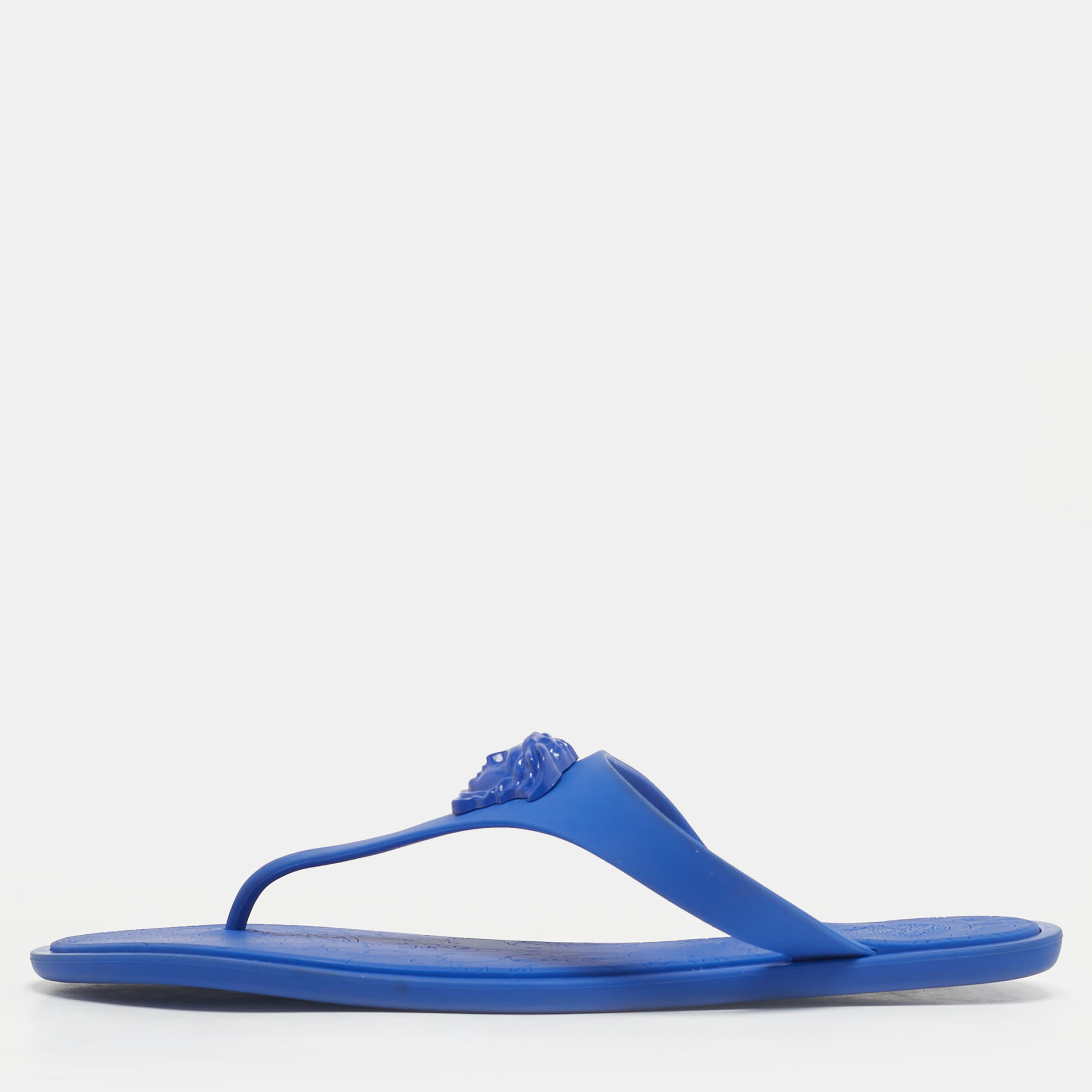 Pre-owned Versace Blue Rubber Medusa Thong Flat Slide Size 38.5
