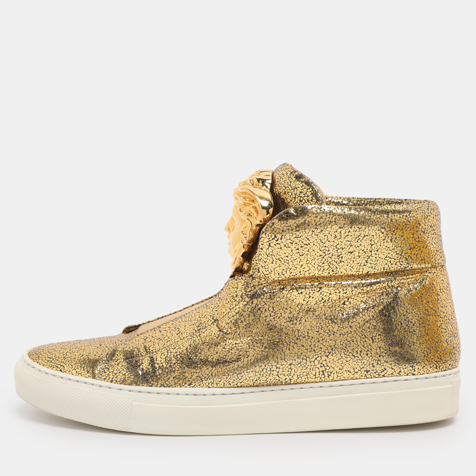 Pre-owned Versace Metallic Gold Crackle Leather Medusa High Top Sneakers Size 38.5